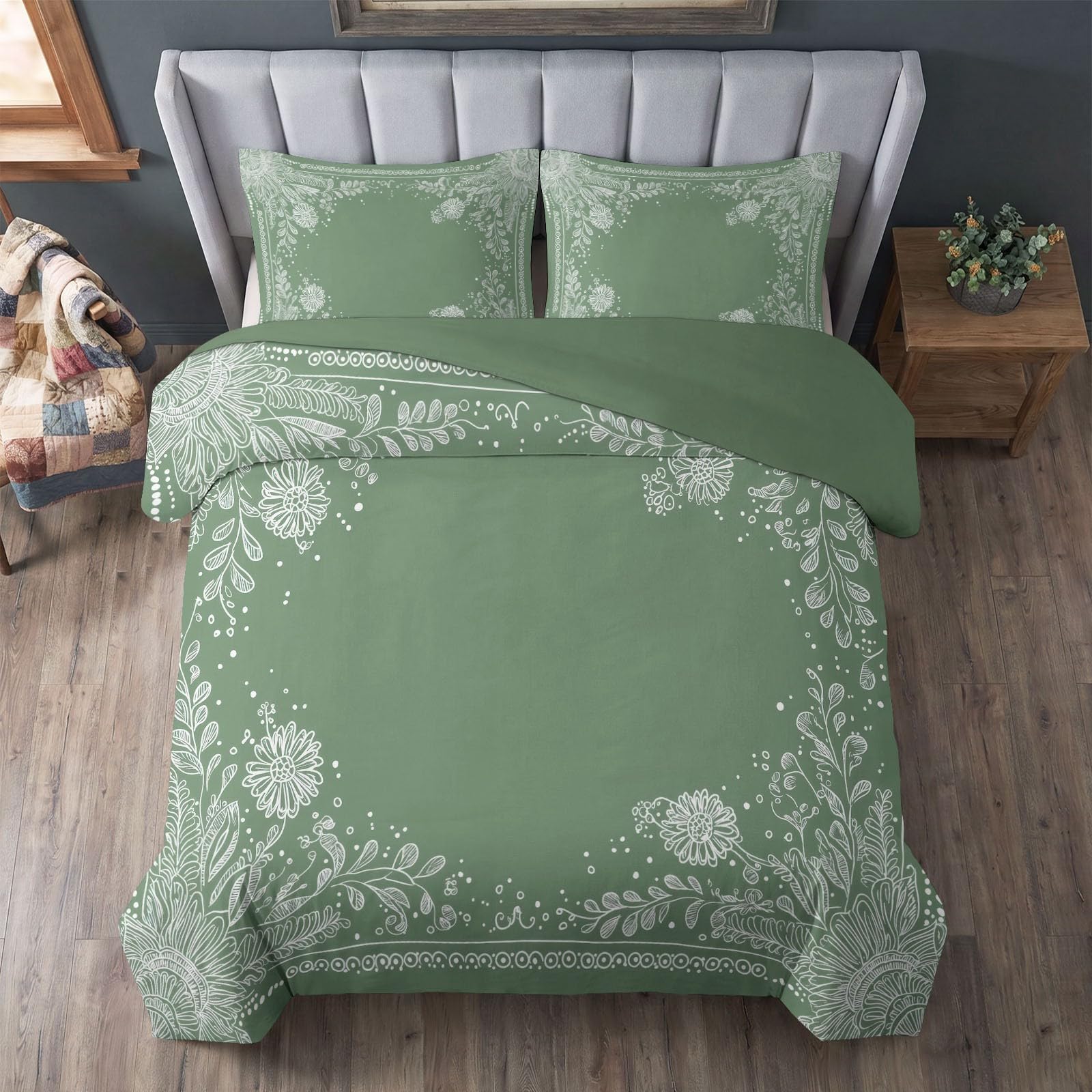 Generisch Bettwäsche Set 3-teilig 200 x 200 cm, Vintage Kinderbettwäsche Mikrofaser mit Reißverschluss - Bettbezug Blumenmuster Ranken für Jungen Mädchen Grün Bettwaren