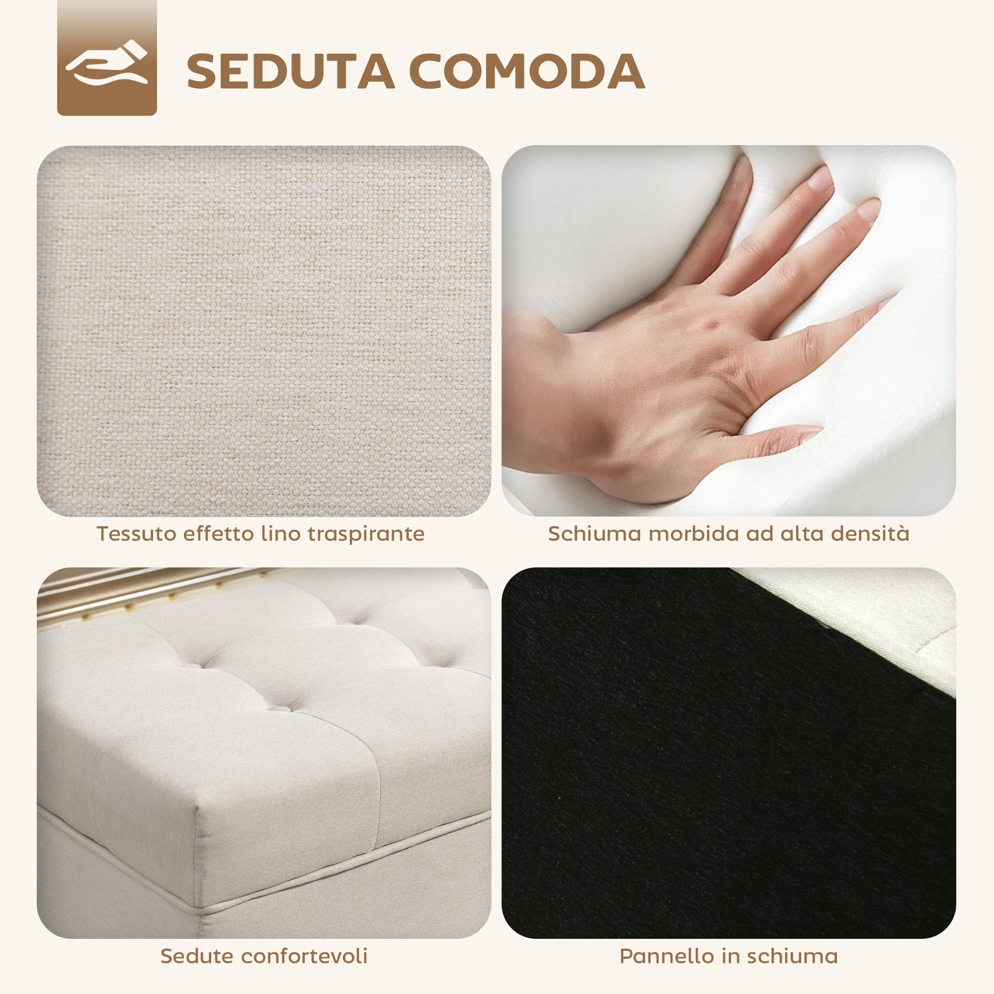 HOMCOM Pouf Contenitore 80L Imbottito Poggiapiedi 118x42x45 cm Crema