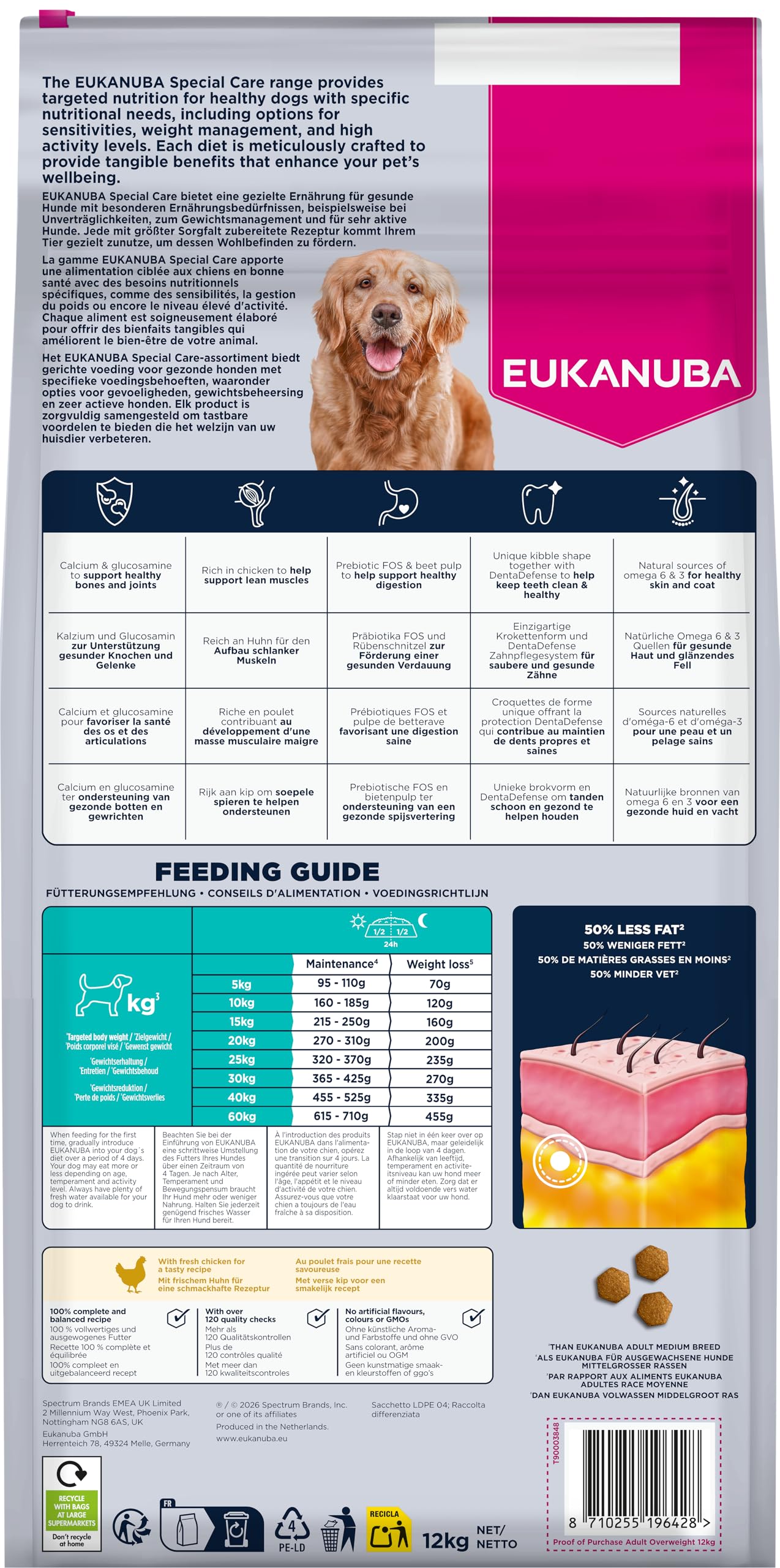 EUKANUBA Overweight - Alimento Dietético para Perros, Pollo, 12kg | Special Care | Bajo en grasa | Para la reducción del peso | Tendencia al sobrepeso