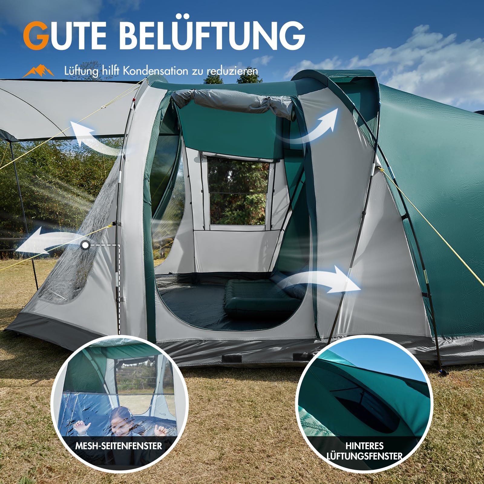 PORTAL Zelt 5 Perosonen Luxus Camping Zelt Wasserdicht 3000mm mit 2m Stehhöhe Vorzelt Bodenwanne Fenster 4-5 Mann 4Plus Tunnelzelt Familienzelt Festivalzelt für Camping Reise Trekking Garten