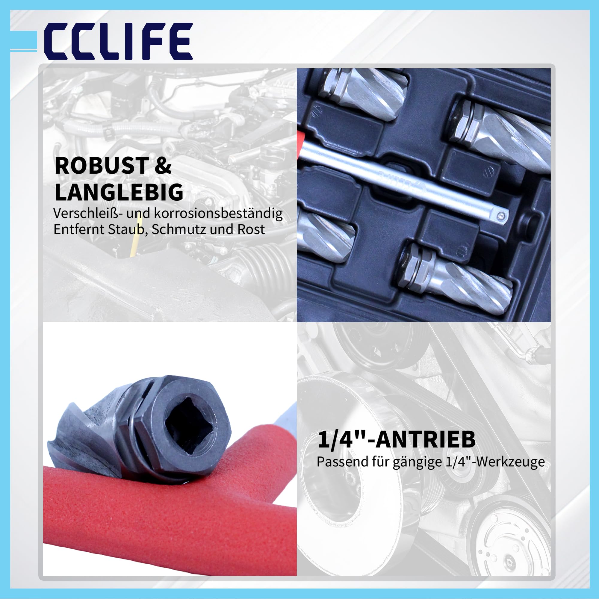 CCLIFE ABS Sensor Reibahlen-Satz 5-tlg. 14-18 mm | Sensoraufnahme reinigen | Rost & Ablagerungen entfernen | T-Griff 125 mm | 1/4 Zoll | 40CR & 9SiCr Stahl