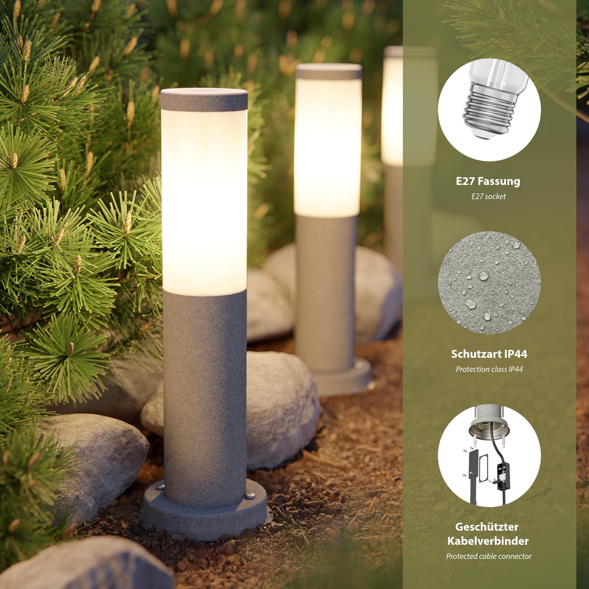 ledscom.de 2x Pollerleuchte PORU mit Erdspieß und 2m Kabel für außen, 39cm, grau (Stein-Optik), inkl. E27 Lampe 471lm, extra-warmweiß
