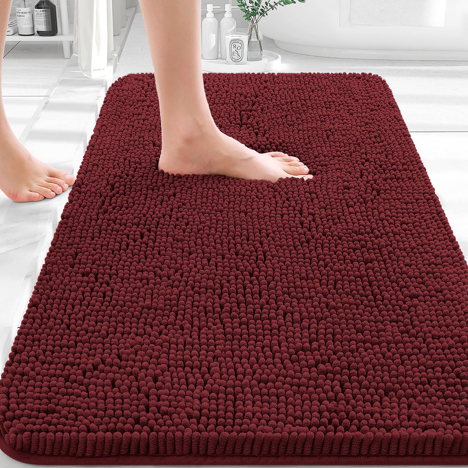OLANLY Bathroom Rugs 36x24, Extra Soft Absorbent Chenille Bath Rugs, Rubber Backing Quick Dry, Machine Washable Bath Mats for Bathroom Floor, Tub and Shower, Home Decor Accessories, Andorra Red-Brown