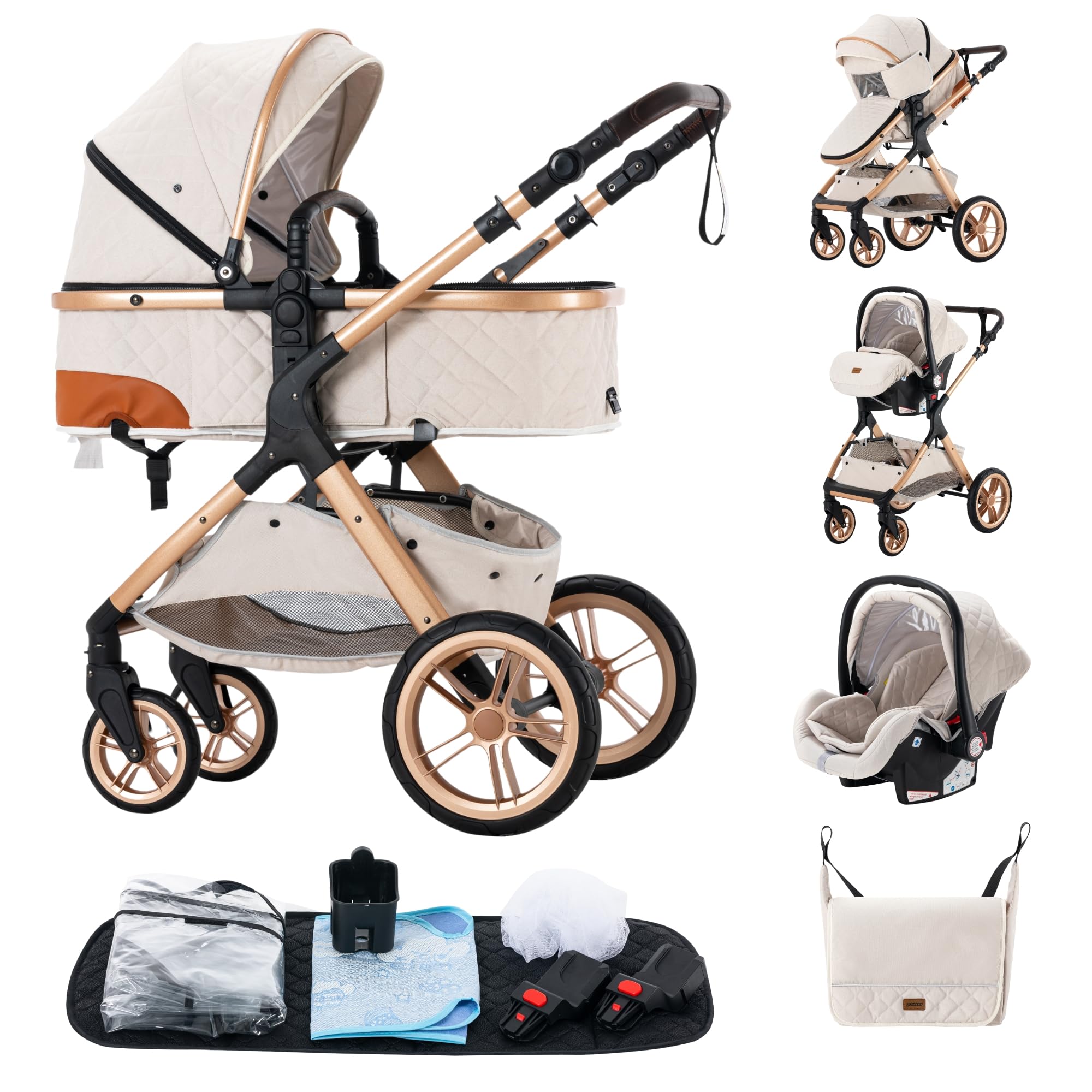 kinderwagen 3 in 1, Zusammenklappbarer Kinderwagen KombiKinderwagen Aluminiumrahmen für Neugeborene Getränkehalter Moskitonetz Regendecke Sitz Windelbeutel (3 in 1 XX1 Creme)