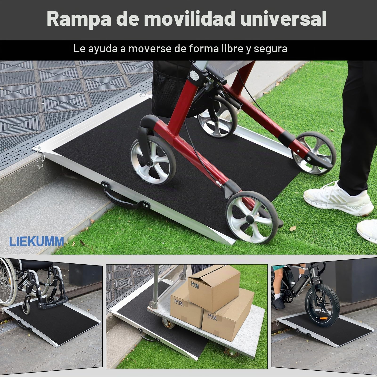 LIEKUMM Rampa de Aluminio para Silla de Ruedas de 91 x 73 cm, Capacidad de 300 kg rampa para Silla de Ruedas, escalones, bordillos
