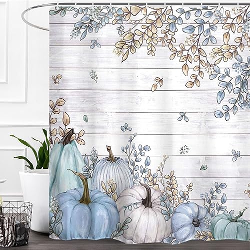 Baccessor Cortina de ducha de otoño con diseño de calabazas azules y blancas de Acción de Gracias, cortina de ducha de otoño, tela de poliéster,