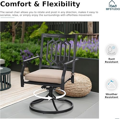 Miniatura 3 de MFSTUDIO Juego de 2 sillas giratorias para exteriores, sillas de comedor de metal de hierro con cojín, juegos de muebles para sillas mecedoras de