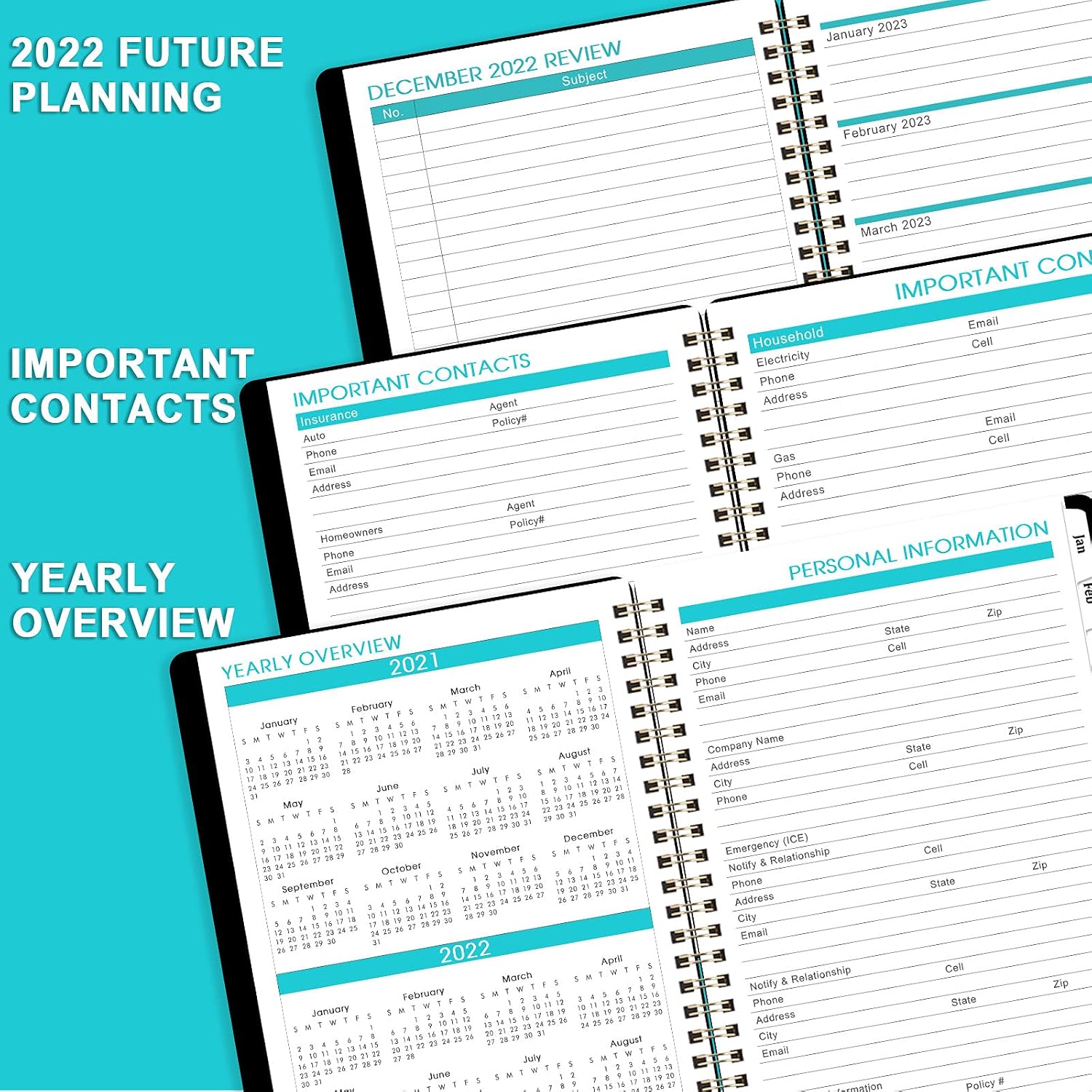 2022 Monthly Planner - 18-Month Planner with Tabs & Pocket, Contacts and Passwords, 6.3" x 8.4", Thick Paper, Jul. 2021- Dec. 2022, Twin-Wire Binding - Black by Artfan