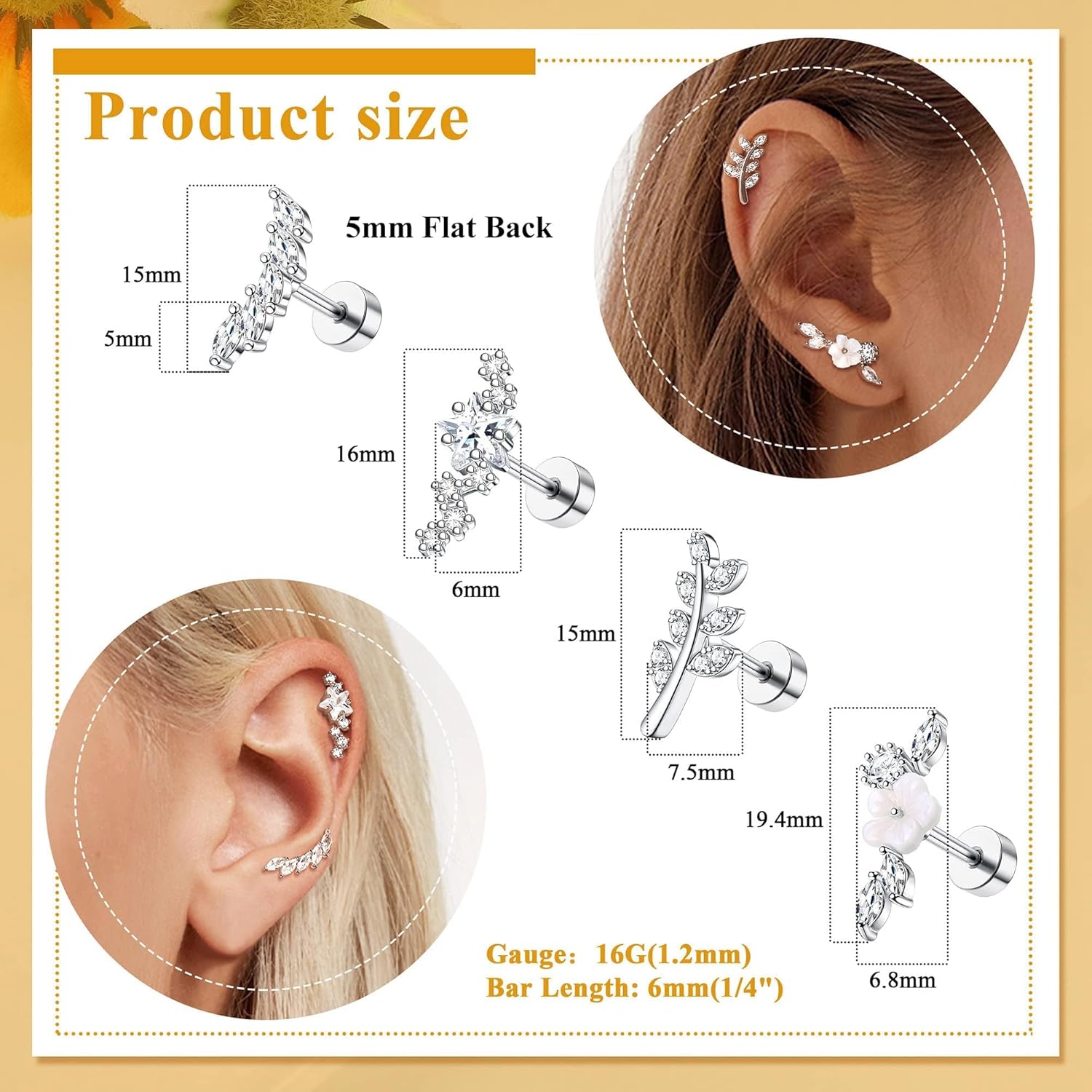 8Pcs 16G Cartilage Earring Set Stainless Steel Flower Opal CZ Stud Earrings Flat Back Cartilage Conch Helix Piercing Jewelry for Women - Image 4