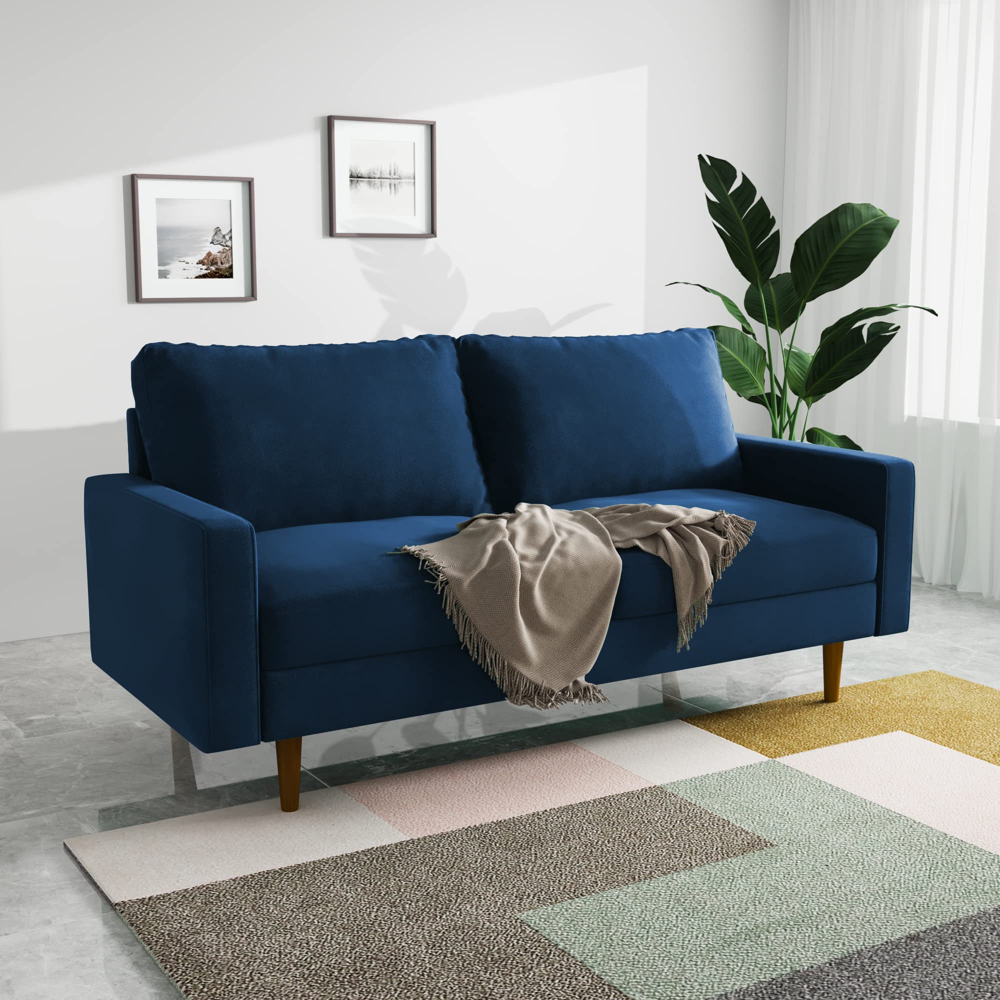 70'' Sofa Velvet Comfy Sofa Couch with Extra Deep Seats, Mid Century Modern Sofa 3 Seat Sofa Fluffy Love Seat with Solid Wood Legs for Living Room Apartment Lounge, Space Blue