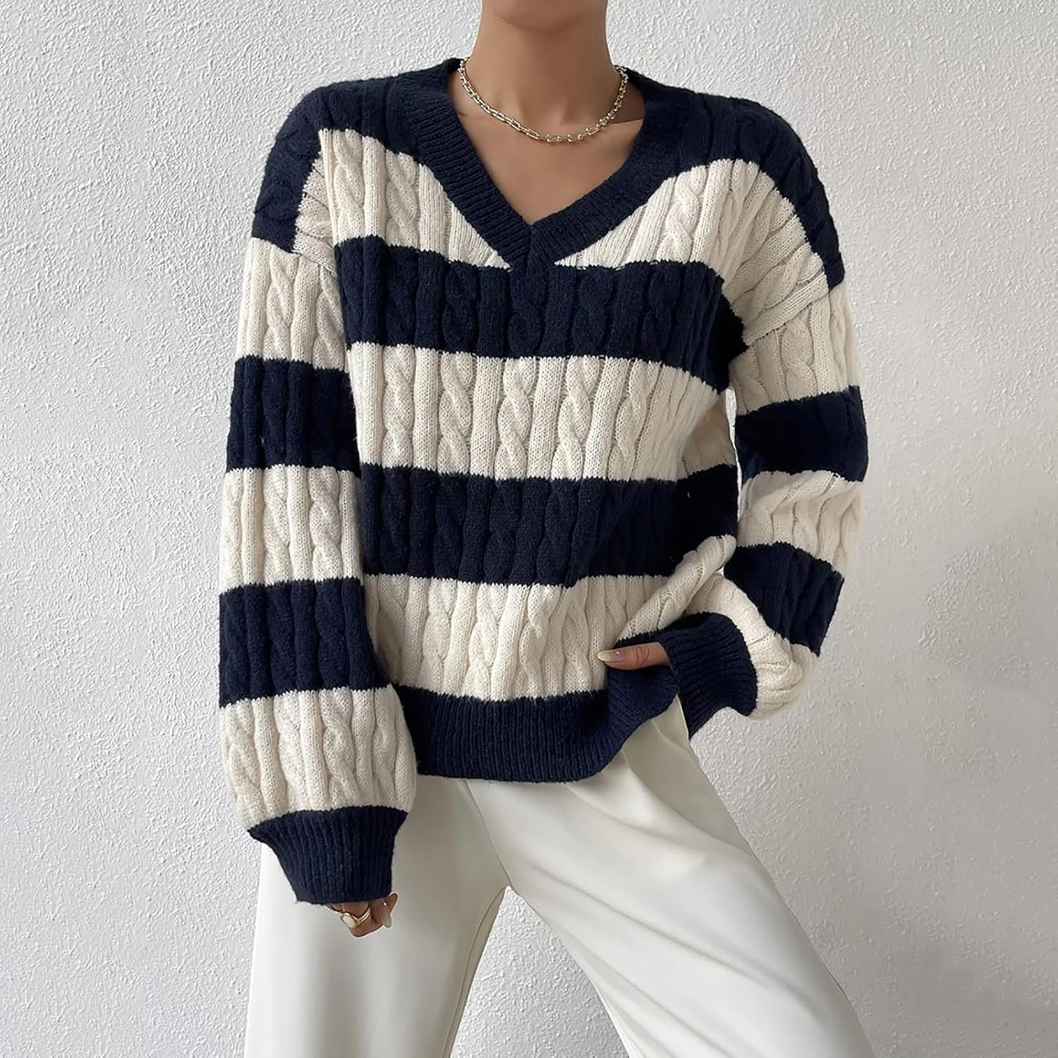 Sweaters for Women Long Sleeve V Neck Striped Knit Drop Shoulder Fall Jumper 2024 Fashion Casual Knitwear Pullover