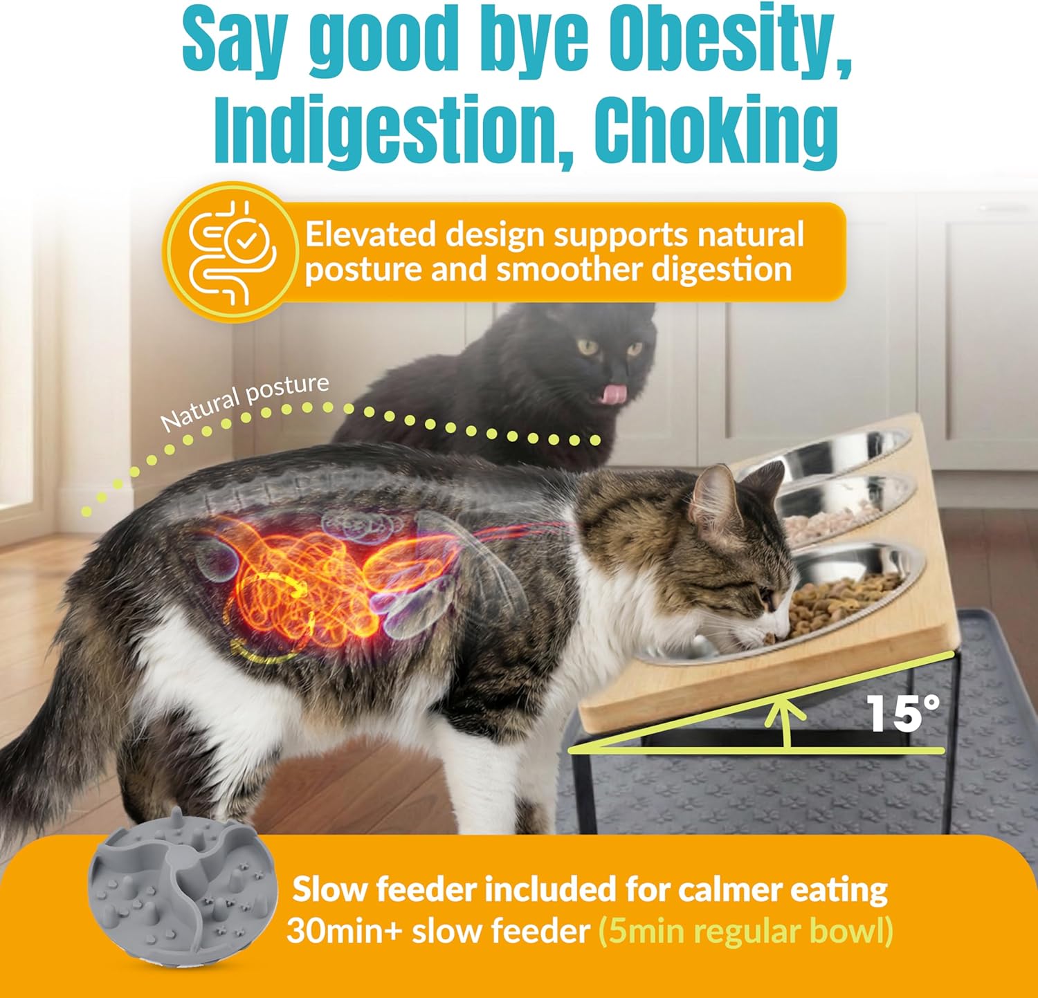 3 Bowl Cat Feeding Station-Cat Bowls Elevated-15° Tilted Cat Food Bowls-Raised Cat Bowls with Anti Slip Mat & Cat Slow Feeder Included–Anti-Vomiting Raised Slow Feeder Cat Bowl-Comedero para Gatos