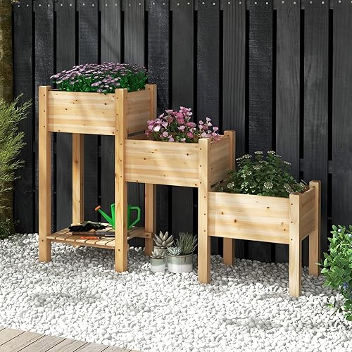 Miniatura 2 de Giantex Juego de 3 camas de jardín elevadas, jardinera de madera con estante de almacenamiento, camas elevadas para frutas, verduras, flores,