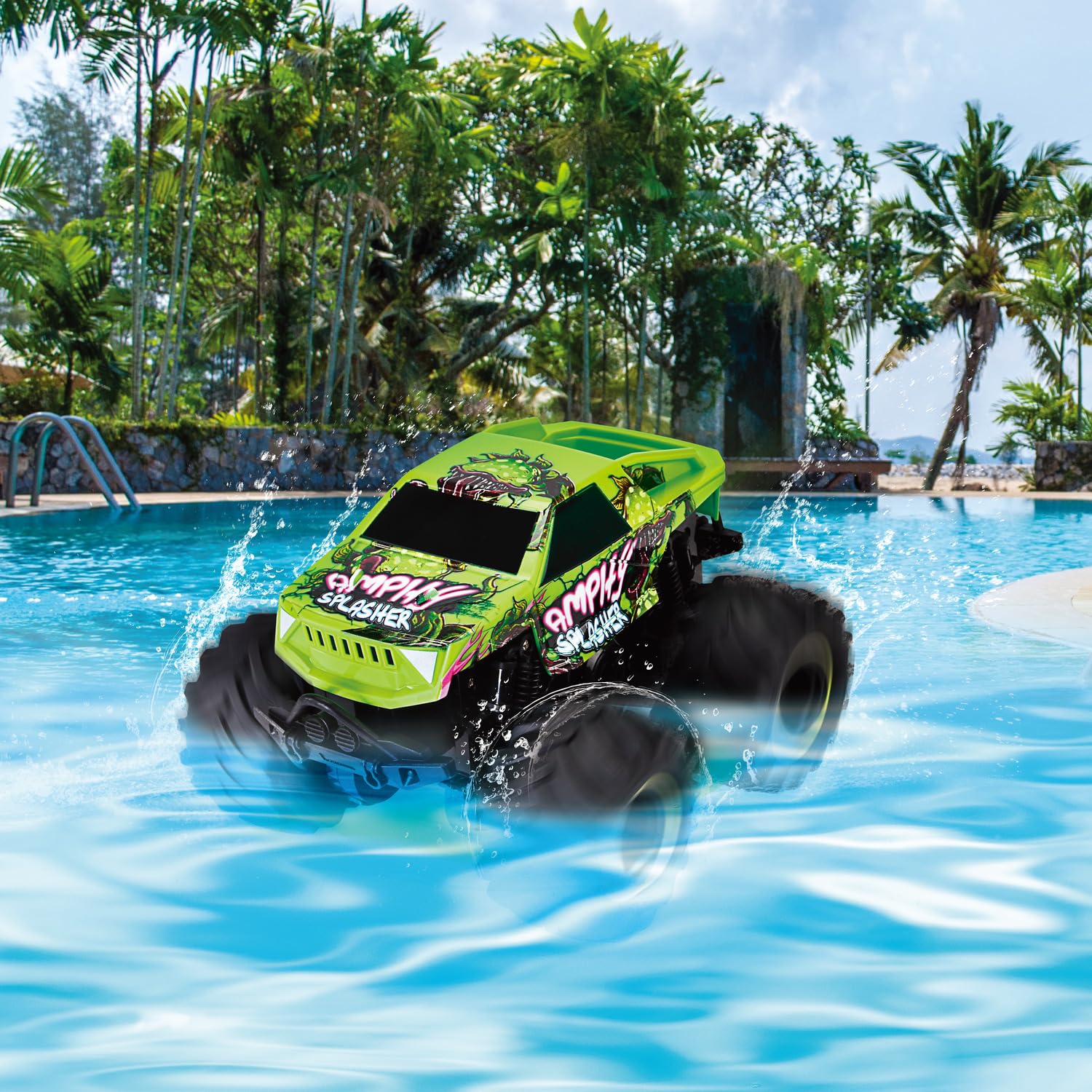 Dickie Toys – RC Amphy Splasher 18 cm, ferngesteuertes Amphibien Fahrzeug für Kinder ab 6 Jahren, 4x4 Antrieb, 360° Drehung, schwimmt im Wasser, mit Controller Akku USB Kabel, grün
