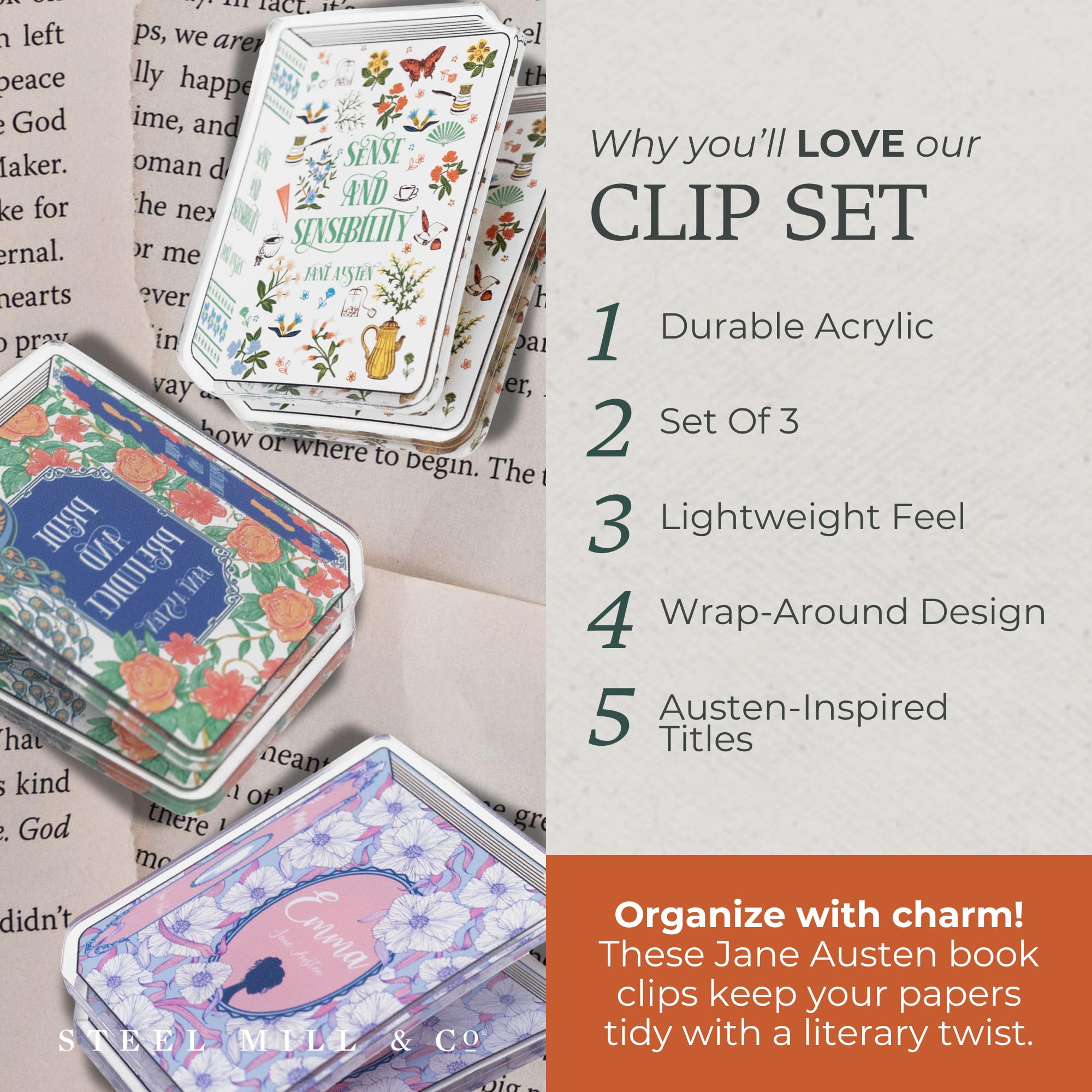 Steel Mill & Co Jane Austen Acrylic Document Clip Set of 3, Book Theme Organization Clips for Journaling, Gifts, Desk and Office Functional Decor (Pride & Prejudice, Sense & Sensibility, and Emma)
