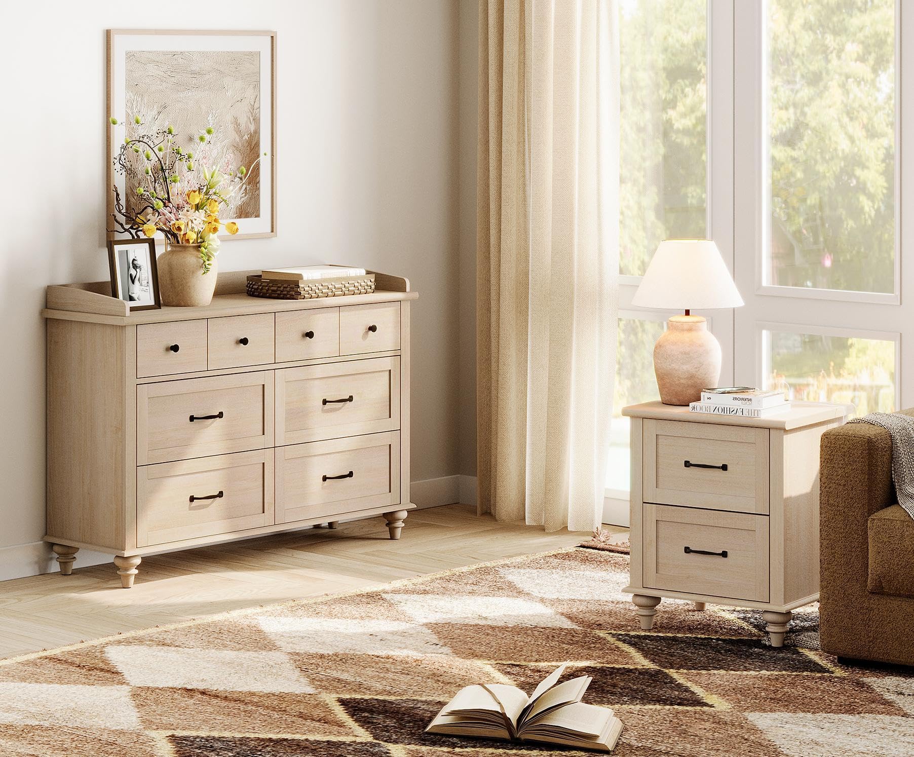 Amazon.com: WAMPAT 2 Piece Bedroom Set - Includes 6 Drawer Dresser for  Bedroom, Mid Century Nightstand with Charging Station & Drawers, 2 Piece  Dresser and Nightstand Sets, Beige : Home & Kitchen