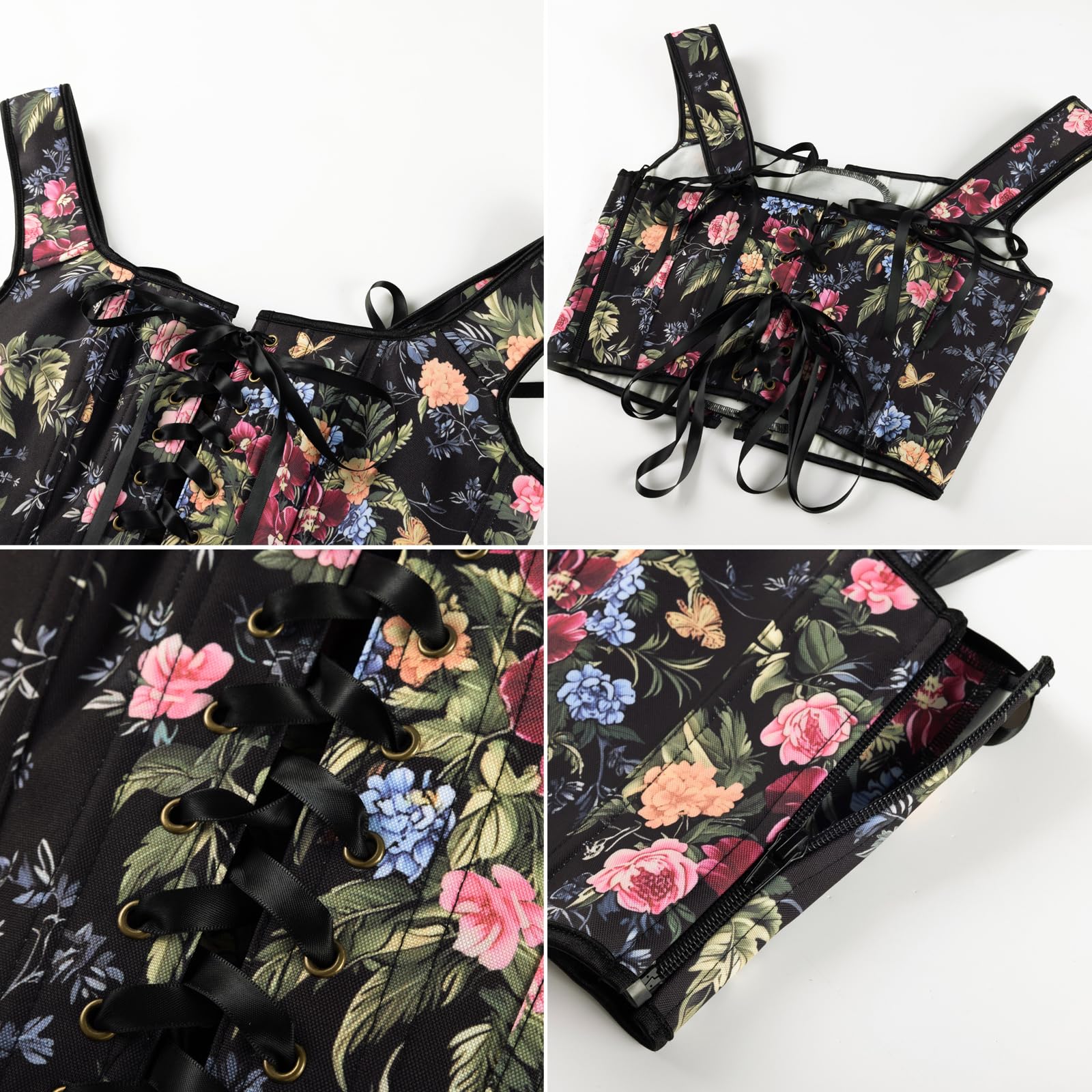 SCARLET DARKNESS Corsé renacentista con cordones para mujer, estilo medieval, floral, cuello cuadrado, sin mangas