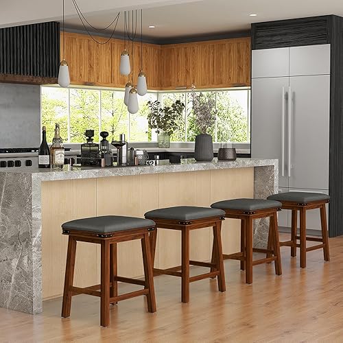 Miniatura 2 de Giantex Juego de 2 taburetes de bar de 24 pulgadas de altura de mostrador, taburetes de bar de madera sintética de granja con asiento acolchado,