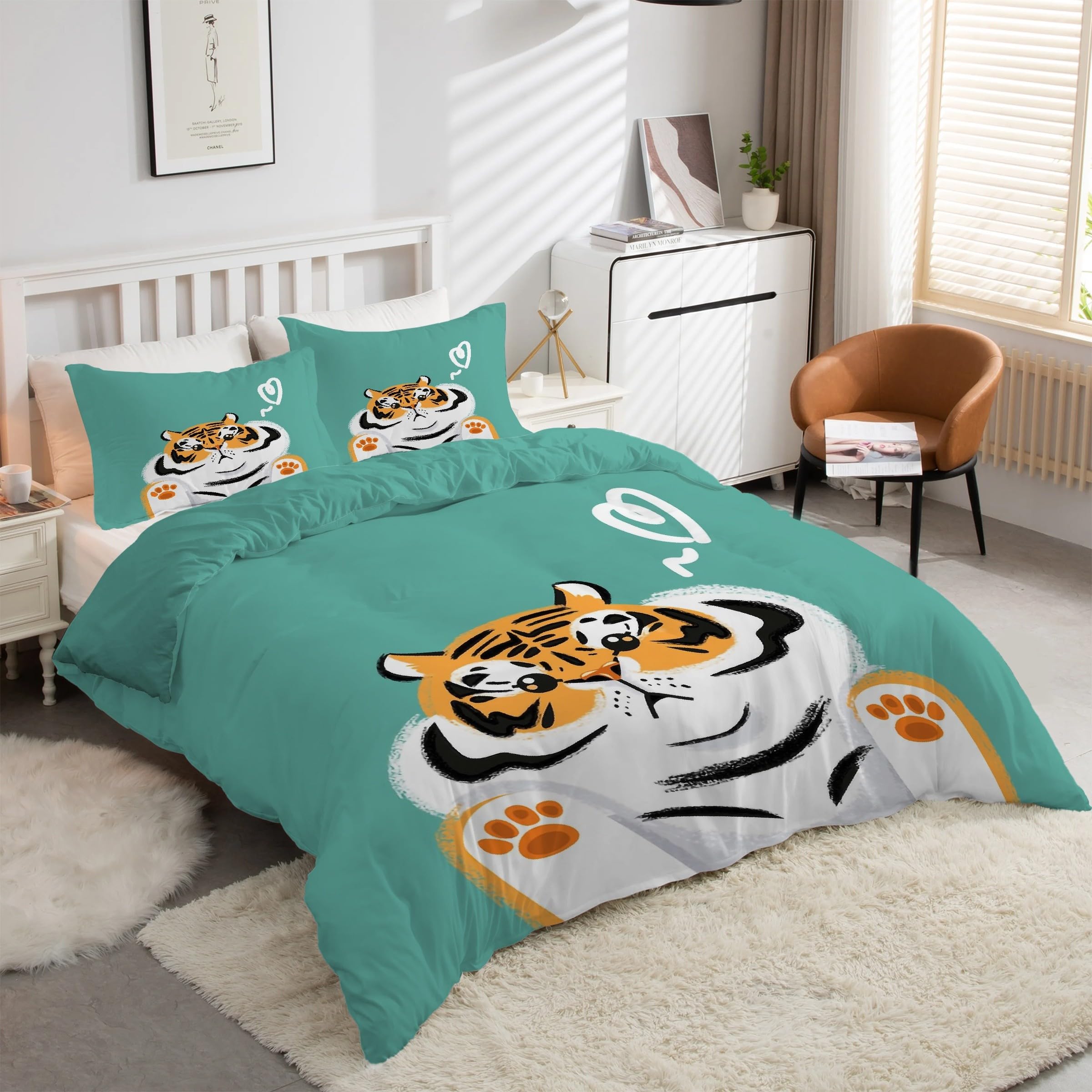 Housse couette 160x200 microfibre avec taies d'oreiller zippée tigre kK2505