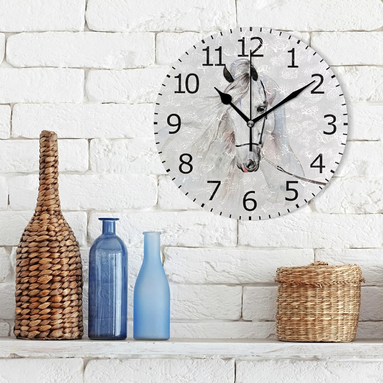 ALAZA Non-Ticking Round Clock, White Horse Decorative Battery Operated Wall Clock for Desktop Break Room Apartment Shop