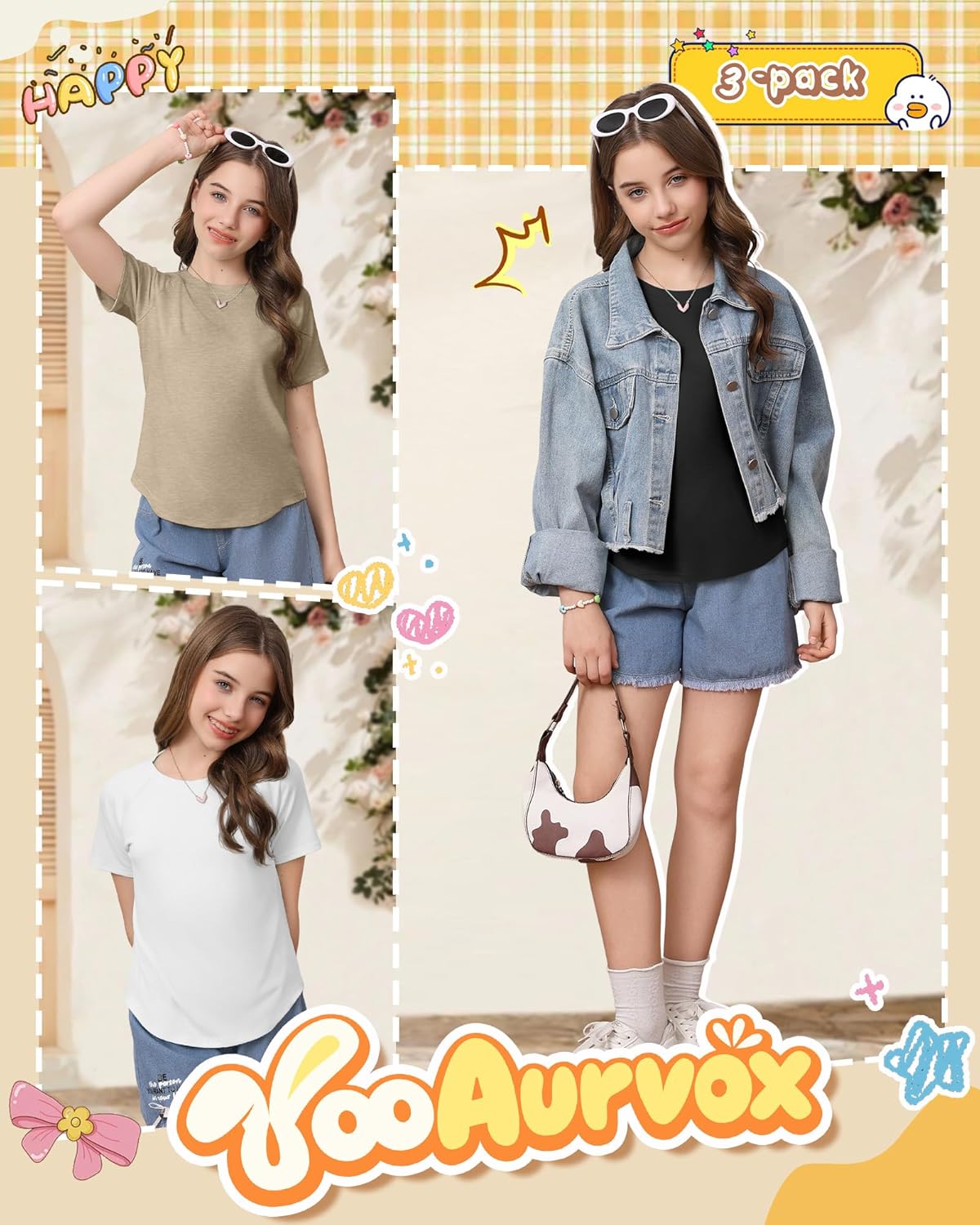 3 Pack Girls' Short Sleeve T-Shirts Loose Fit Crew Neck Tops Raglan Curve Hem Shirts Casual Kids Basic Tees 5-14Y - Image 6