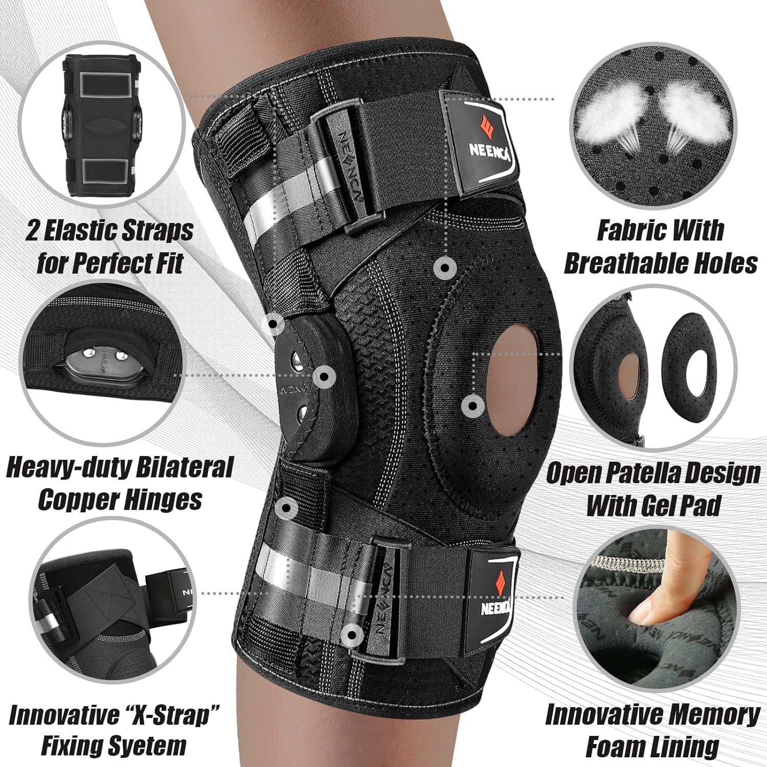 NEENCA Rodillera profesional para dolor de rodilla, soporte de rodilla ajustable con bisagras con sistema de fijación patentado X-Strap, fuerte estabilidad para alivio del dolor