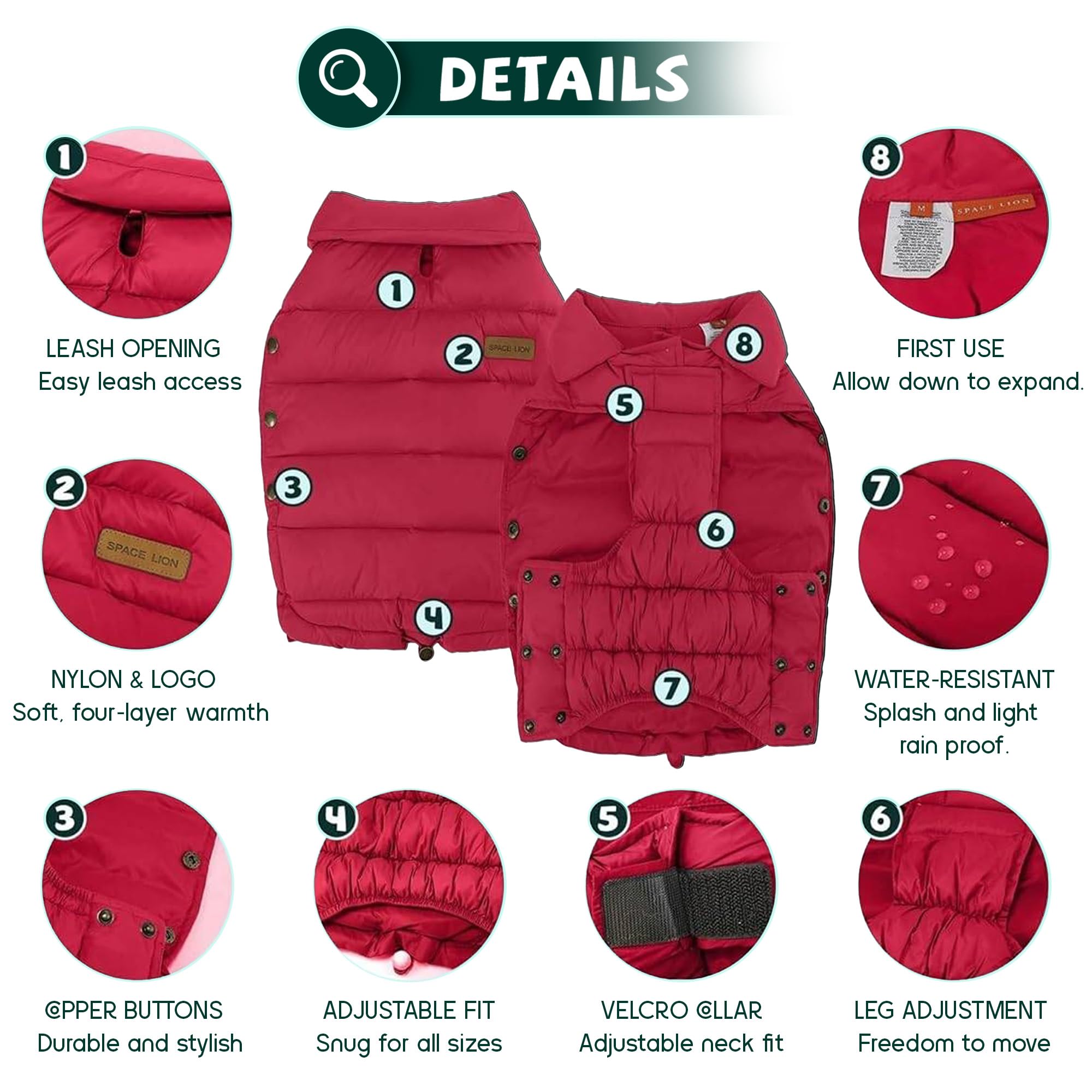SPACE LION Chaqueta acolchada para perro, abrigo de invierno de plumón, abrigo duradero para exteriores para condiciones frías y ventosas, abrigos ligeros y ajustables para perros medianos y grandes