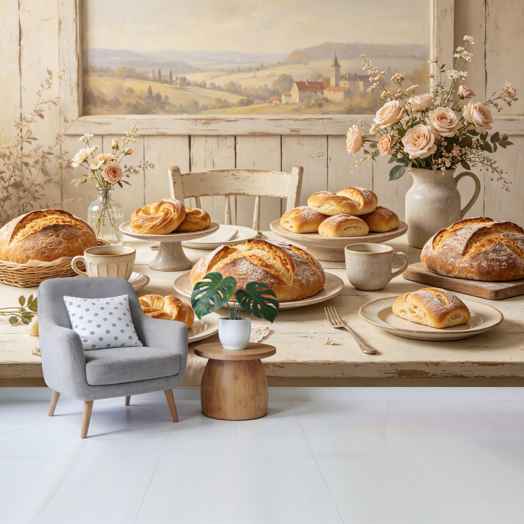 Qzlithotic Yq2605250949 Custom Size Wall Mural French Countryside Landscape Bread Pastry Bouquet Oil Painting Selfadhesive Wall Fabric Removable Wallpaper For Home Office Decor