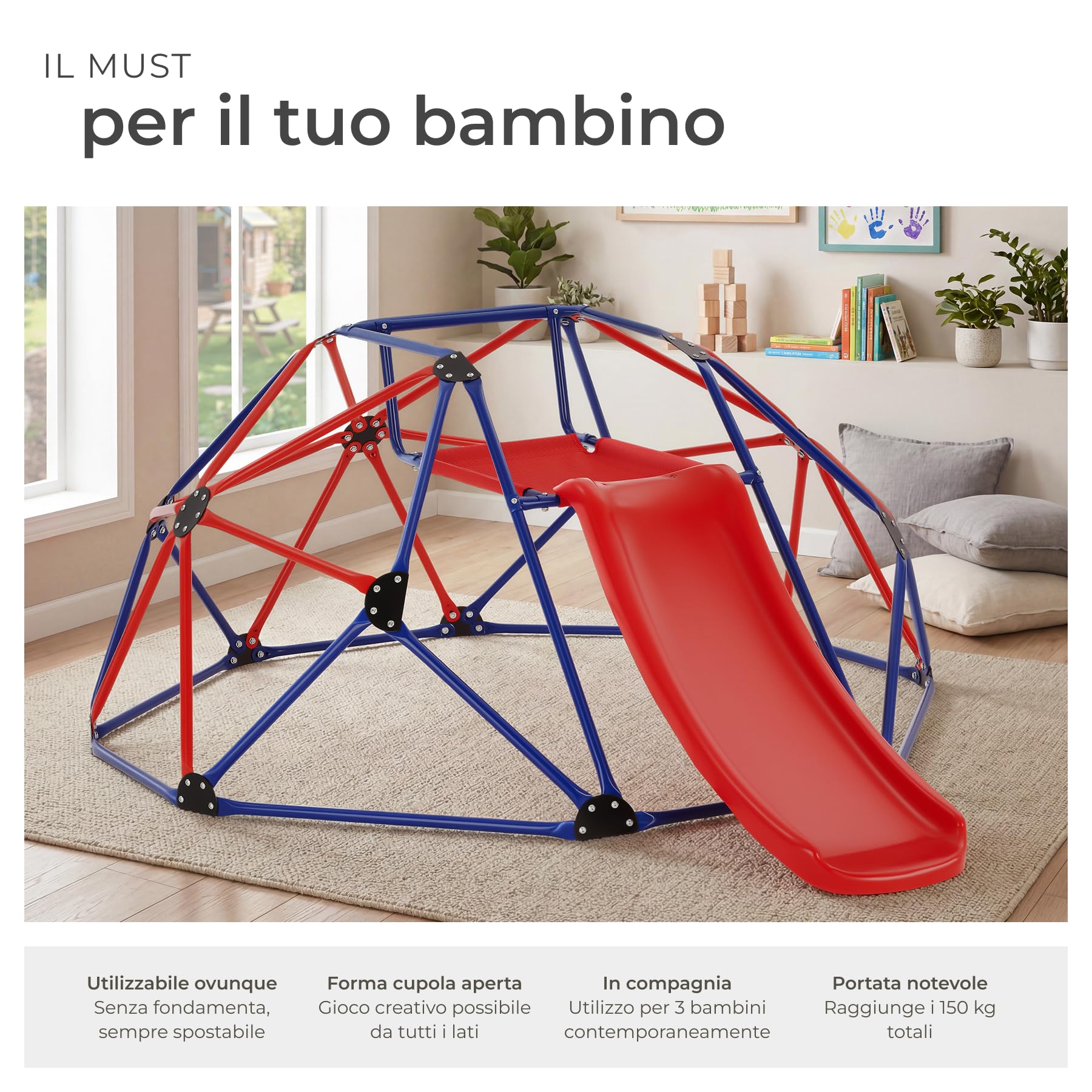 tectake® Cupola di Arrampicata Outdoor e Scivolo 185x243x90 cm, Giochi da Giardino in Acciaio con Scivolo Bambini, Giochi da Esterno e Interno per Arrampicata per Bambini, Portata 150 kg - Rosso e Blu