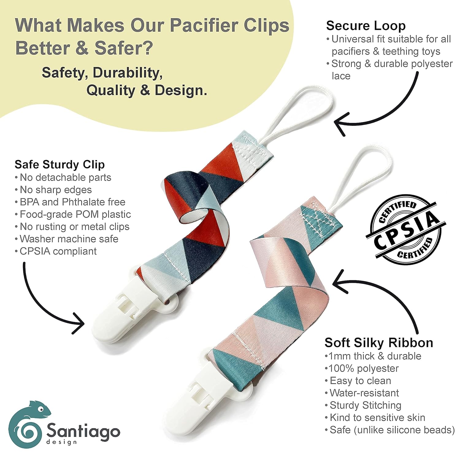 Santiago Design Baby Pacifier Clips Multi Color, 4 Pack Universal Holder Leash for Boys and Girls, Teething Toys Teethers, Baby Necessities : Baby