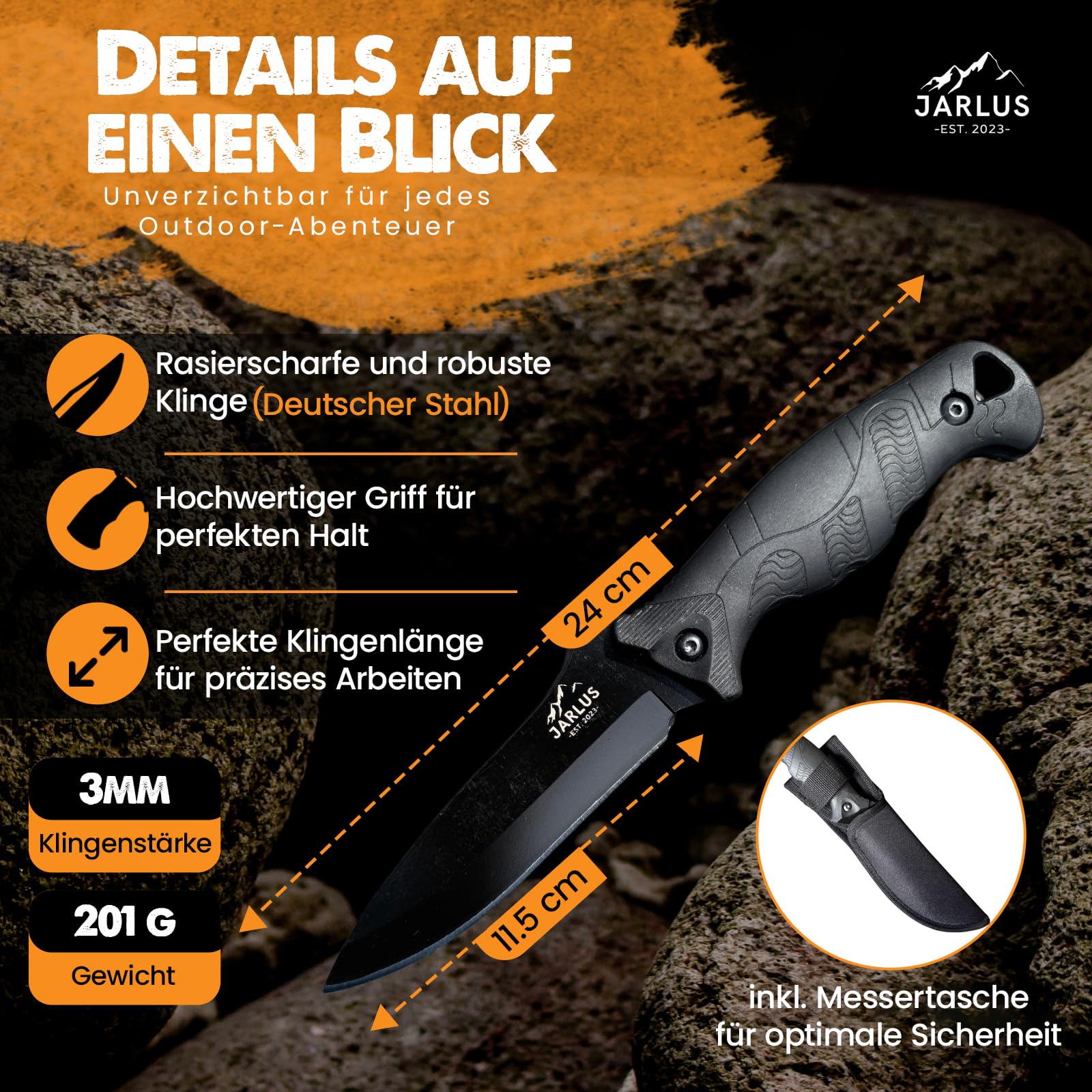 Jagdmesser - Premium Outdoor Messer mit scharfer feststehender Klinge aus Edelstahl 11,5 cm - Survival Messer mit Messertasche