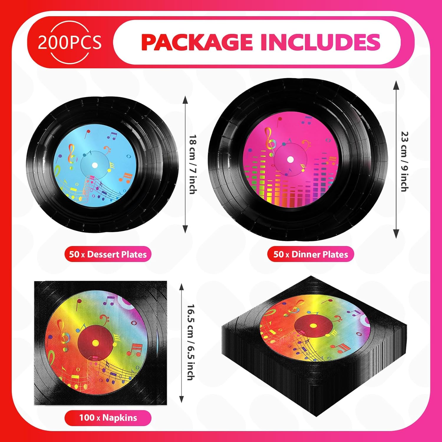 200Pcs Rock and Roll Record Party Supplies 2026 50s Vinyl Record Plates and Napkins Disposable Karaoke Decorations for 1950s Dj Rock Music Themed Vintage Birthday Bachelorette Supplies Serve 50