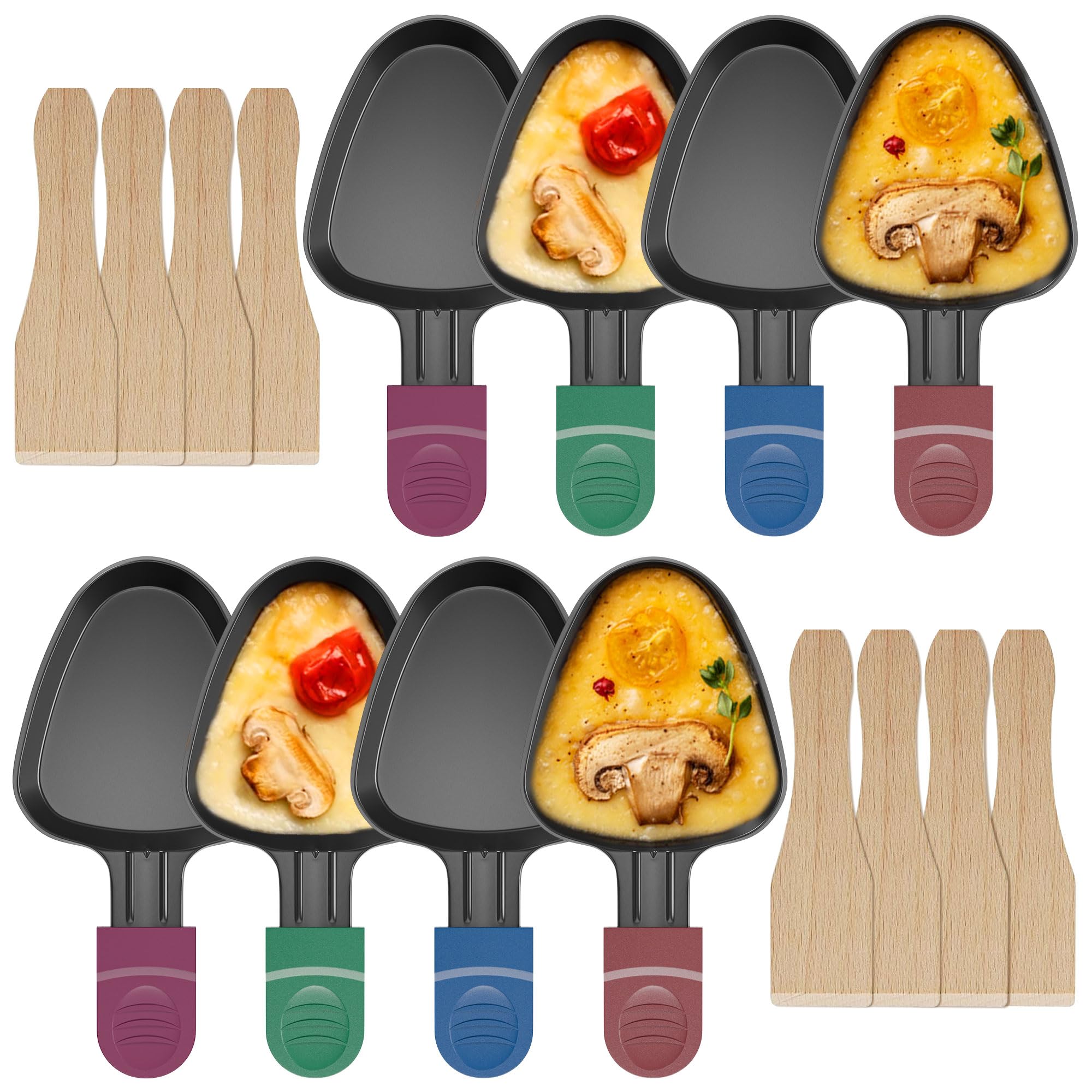 ipow 8 Stück Raclette Pfännchen Ersatz Mini Pfännchen Antihaftbeschichtet dreieckig für Raclette mit 8 Holzschaufeln und bunten Isoliergriffen