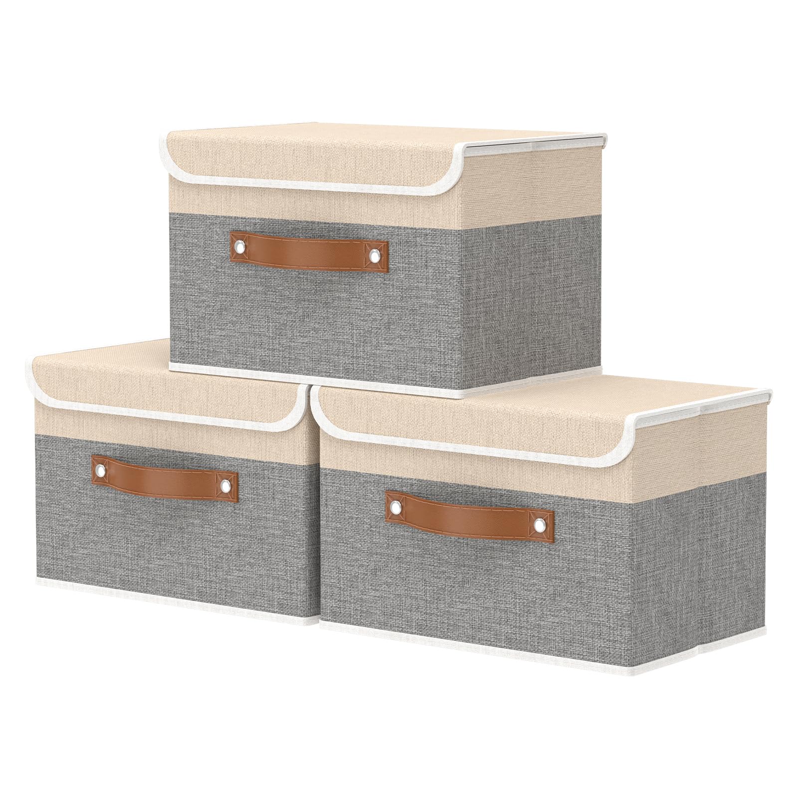 OUTBROS Paniers de Rangement, 38 x 25 x 25 cm Boîte Pliables avec Couvercles et Poignées, Bac Range pour Vêtement, Magazine, Chambre à Coucher (3 pièces, Gris/Beige)
