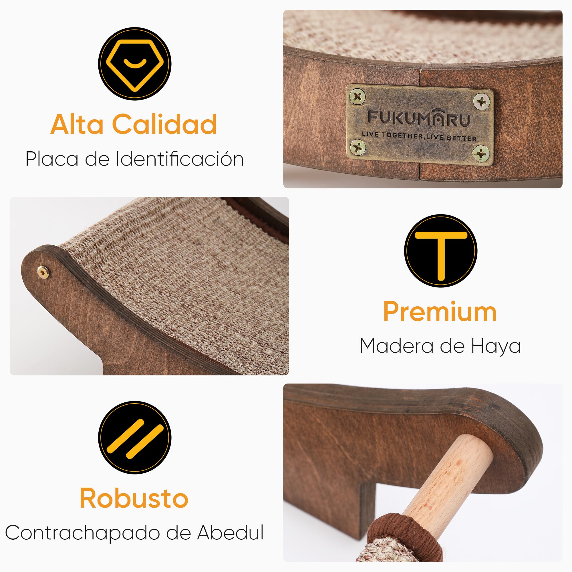 FUKUMARU Rascador de sisal en Madera, 60 cm Cama rascadora Robusta para Gatos domésticos, Hamaca de sisal 100% Natural, Base de Madera Maciza para Dormir y rascar uñas (Acabado Nogal)