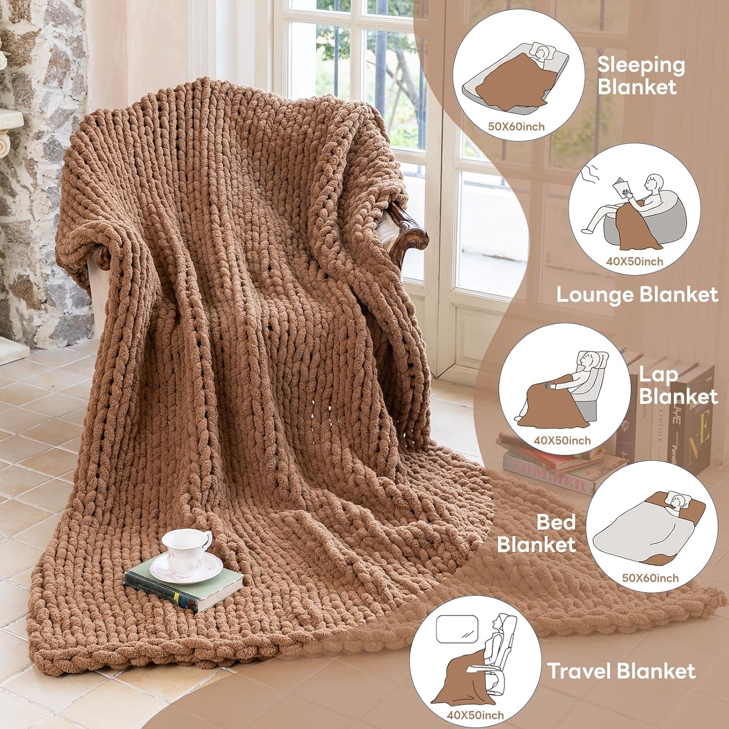 Chunky Knit Blanket - Luxury Soft Cozy 50 * 60 Throw Blanket,100% Woven Blanket Rope Knot Throw Blanket for Couch, Sofa, Home Decor, Gift - Machine Washable (Brown, 50 * 60) - Image 3