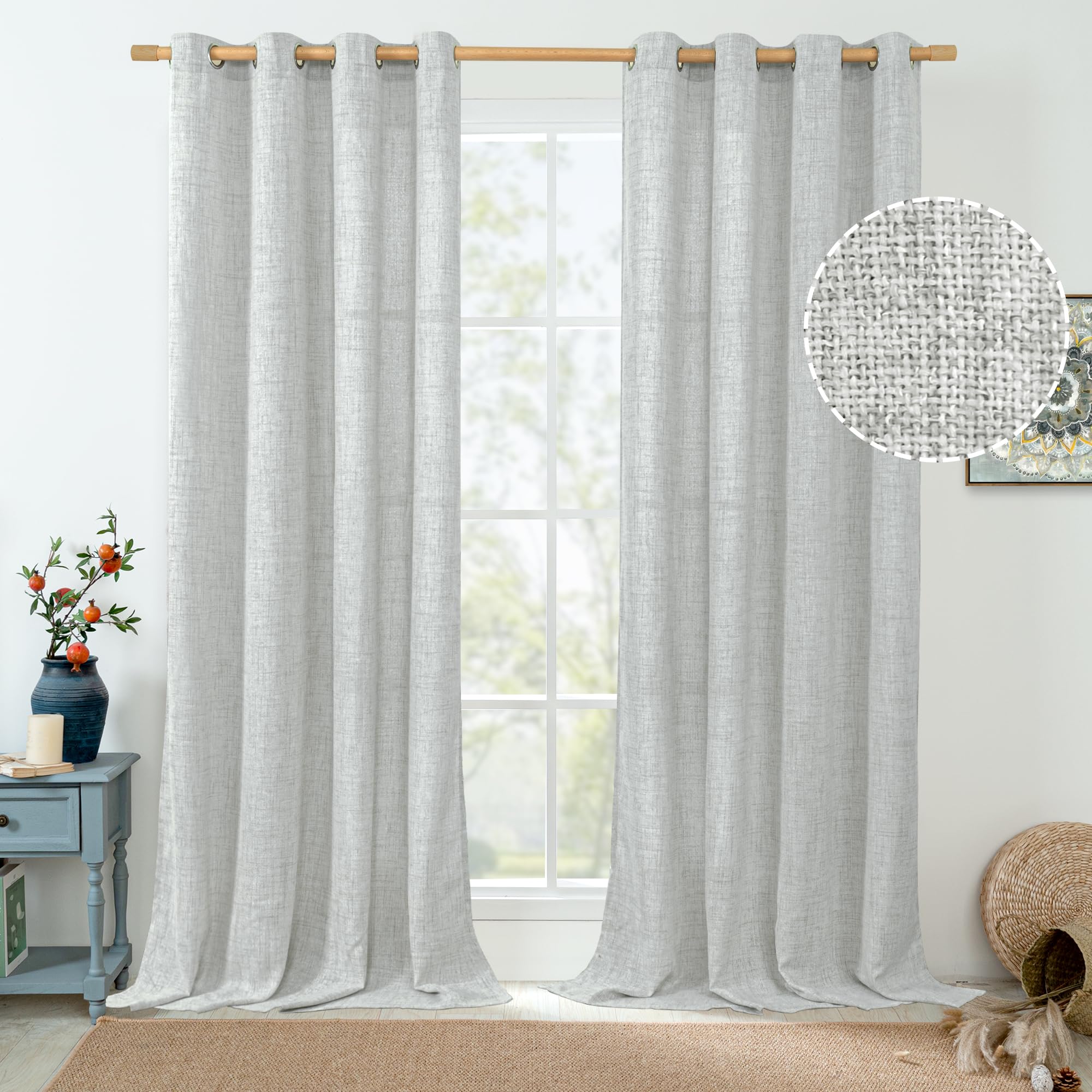 QUEMAS Long Linen Curtains for Living Room 96 Inch Length 2 Panels Set, Light Filtering Burlap Window Curtains for Bedroom Privacy, Grommet Farmhouse Semi Sheer Drapes, Each 52 Inch Wide, Light Grey — image 1