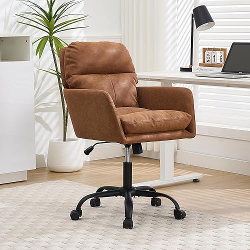 Silla de oficina de piel sintética con asiento acolchado grueso, giratorio de 360, silla de escritorio ajustable en altura con base de metal