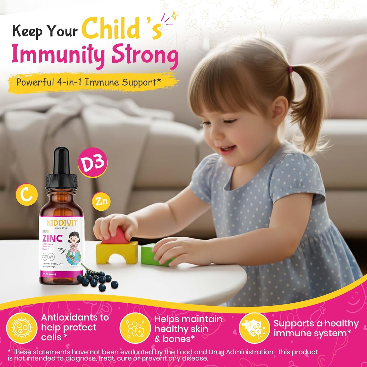 Kiddivit Zinc Kids Liquid Drops with Elderberry, Vitamin D3 & C – 30 Daily Servings, 2 FL OZ (60 mL) – Immune Support for Children – Sugar Free, Gluten Free, Vegetarian - Image 2