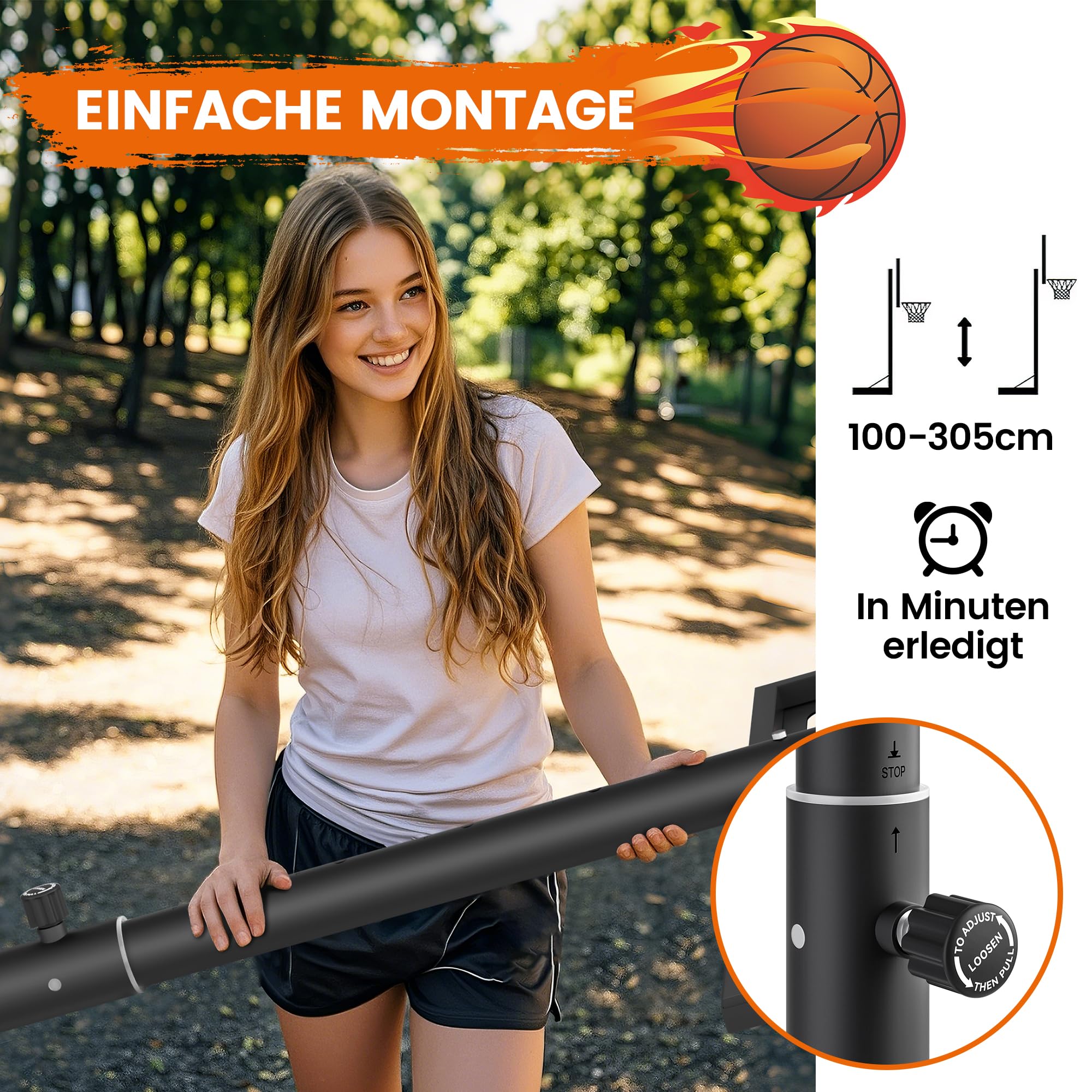 SAMAX Basketballkorb Basketballständer 100-305 cm Höhenverstellbar mit Rollen inkl. Netz - Korbanlage Standfuß Outdoor Indoor - für Garten, Sportplatz und Spielfeld - für Erwachsene & Kinder