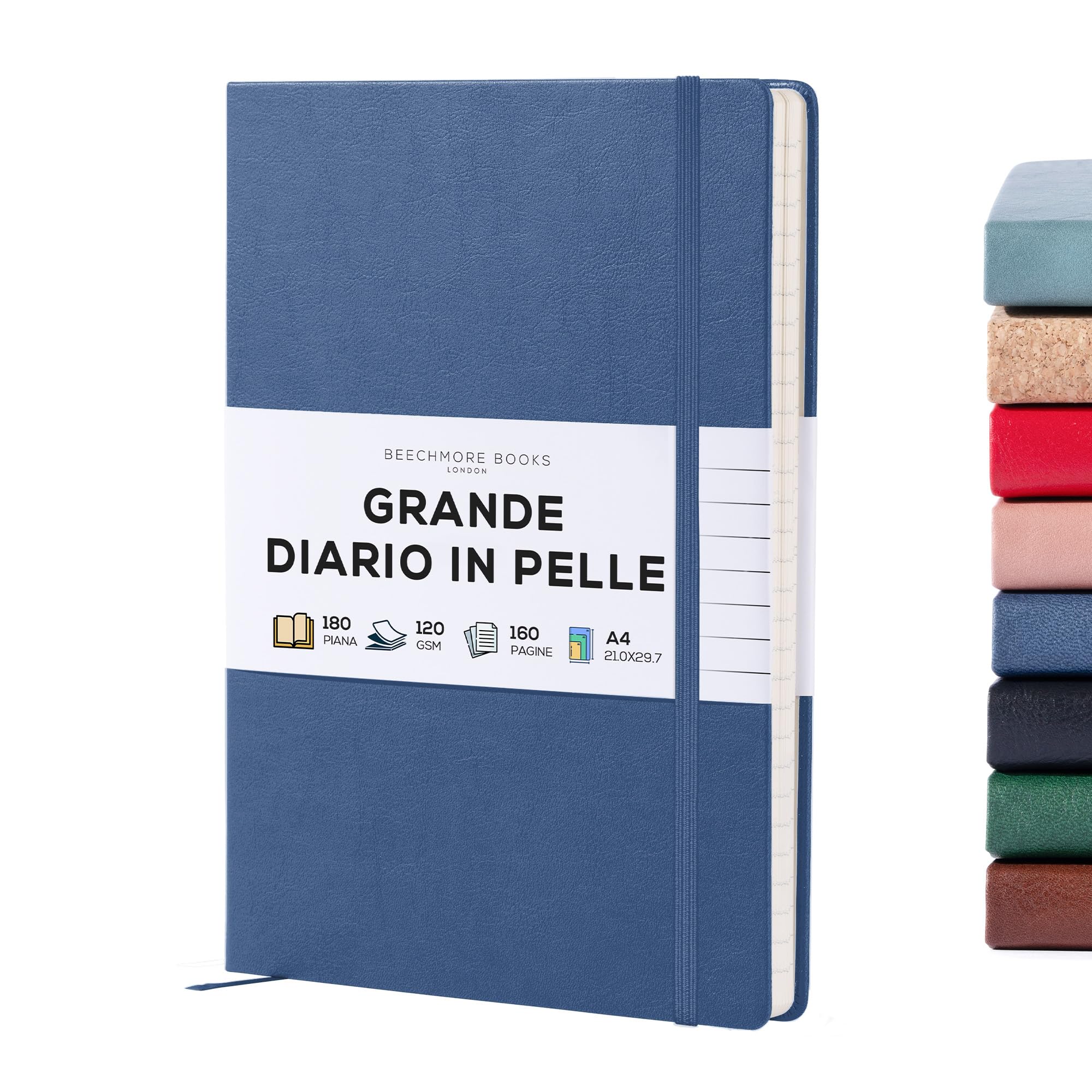 Beechmore Books Taccuino a Righe A4 Blu Navy Diario XL Copertina Rigida Pelle Vegana Carta 120g/m²