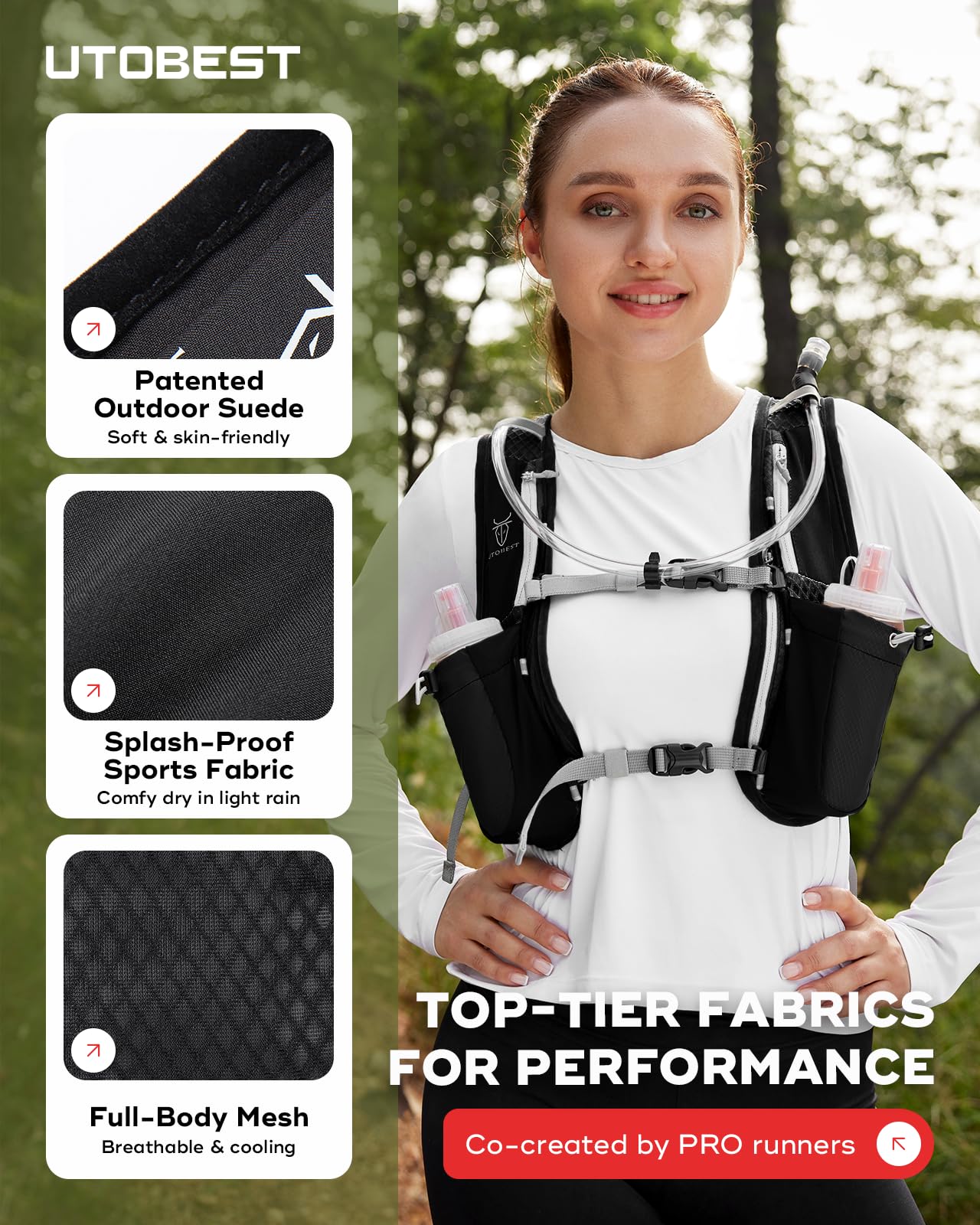 UTOBEST Chaleco Carrera, Mochila hidratacion Ligera con 2*350ml Frasco，Negro