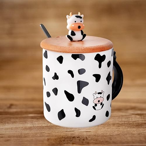 Miniatura 6 de Needzo Taza de vaca con cuchara y tapa de bambú, taza de café blanco y negro para chocolate caliente, té, cereales o avena con tapa 3D, 14 onzas