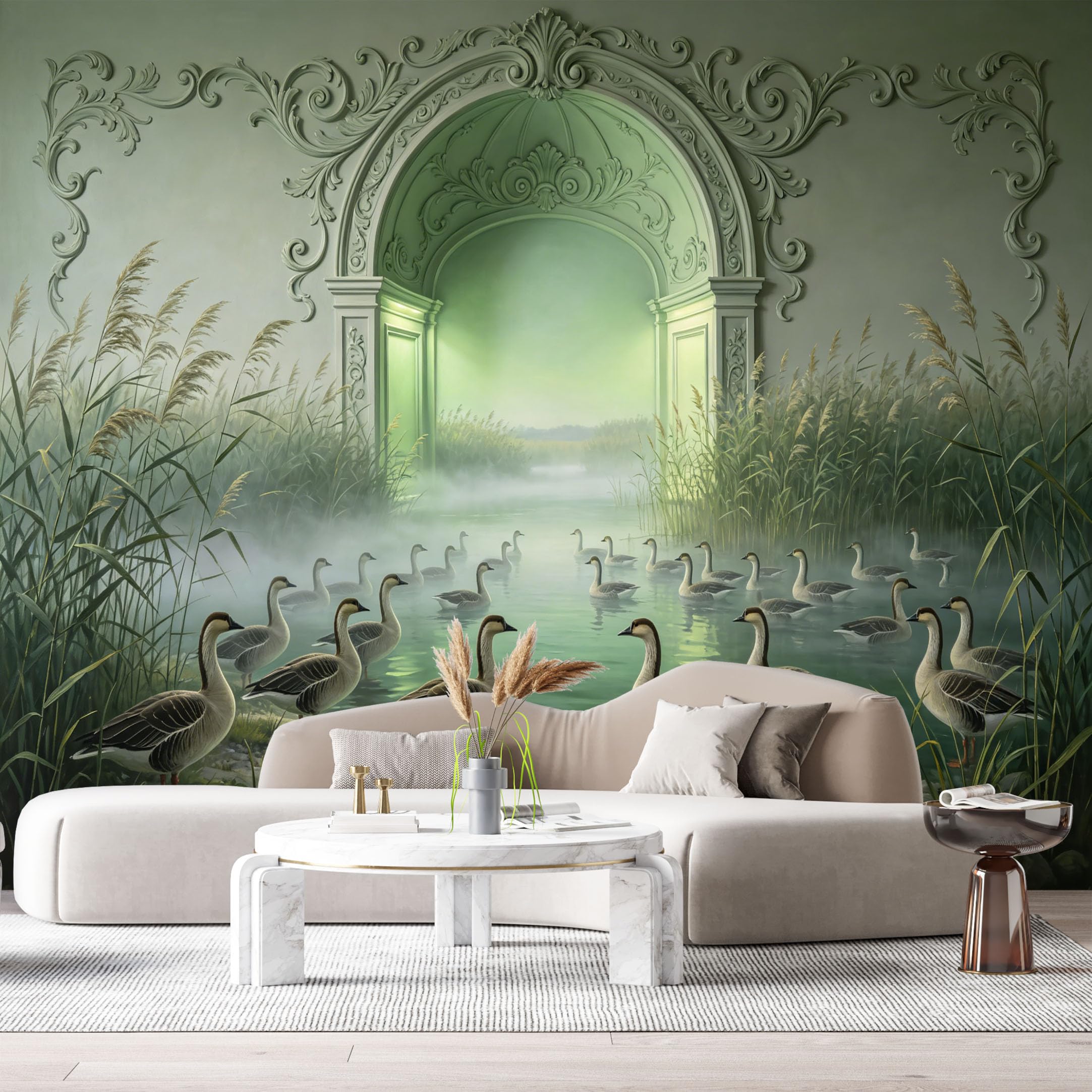 Custom Size Wall Murals Stone Archway Mystical Portal Ethereal Light Geese Watercolor Oil Painting 3D Trompe L'Oeil SelfAdhesiveWall Fabric Removable Wallpaper Wall Decor for Living Room