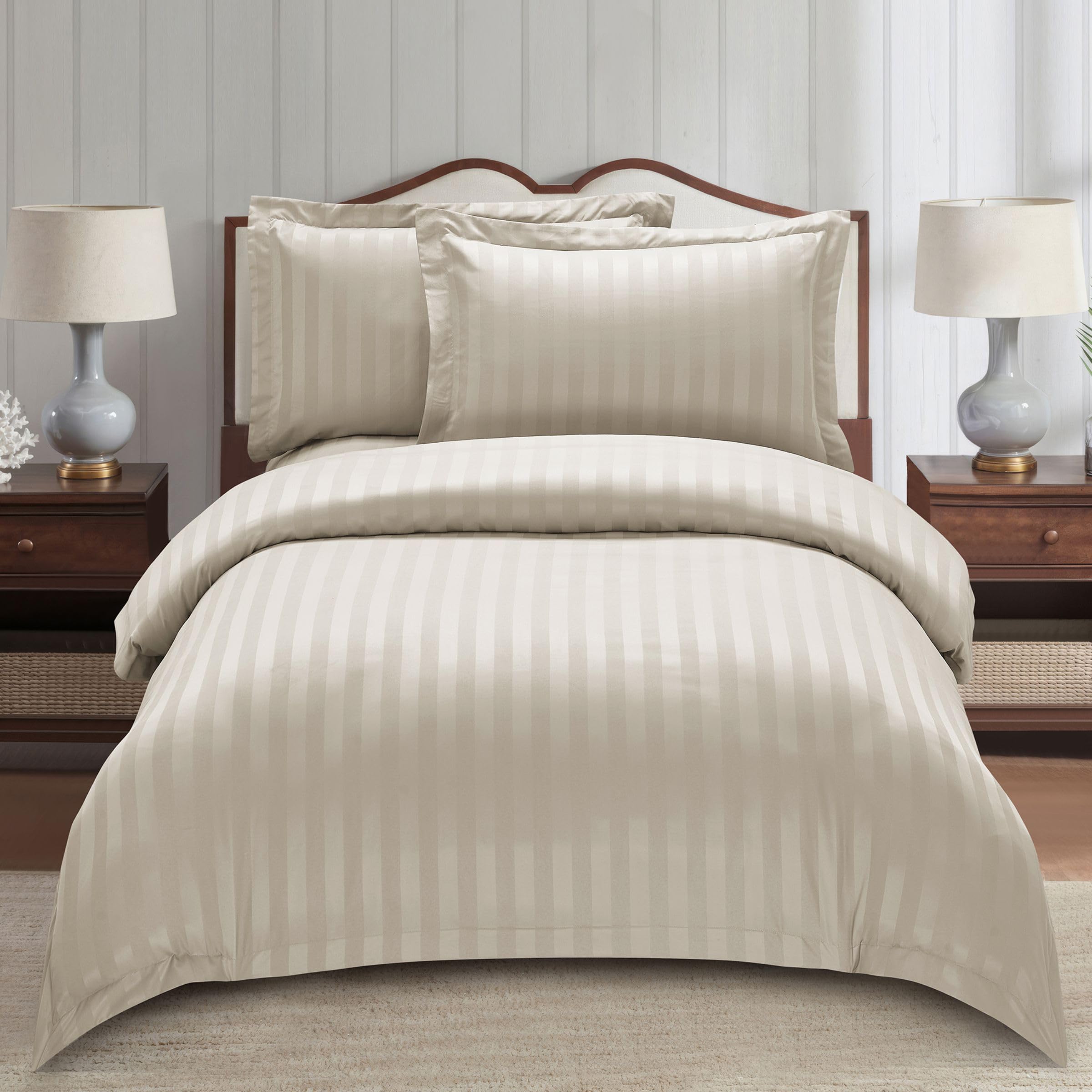 Donetella 5-Piece Single Comforter Set – Striped Hotel Bedding Set,Fits 140x200 cm – Includes Duvet Cover, Comforter, Fitted Sheet, Pillow Shams – 350 GSM Soft Microfiber. Linen SINGLE (140x200 cm)