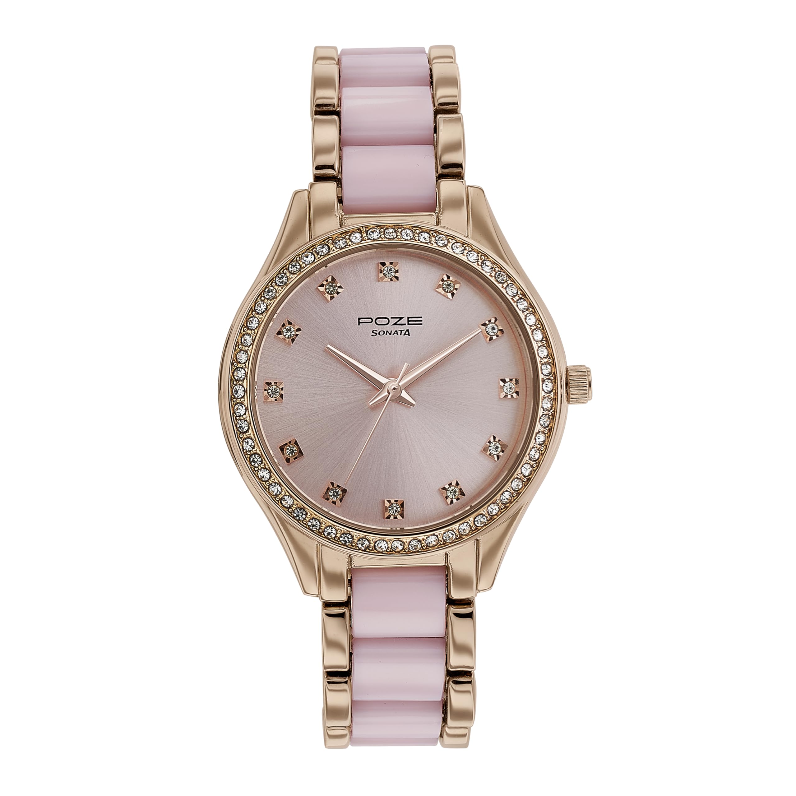 Sonata Poze Quartz Analog Pink Dial Metal & Plastic Strap Watch for Women-SP80054KD01W