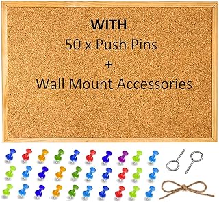 Cork Notice Pin Board Bulletin Vision Boards for Home Bedroom Offices Memo Message Pictures Planner Display Organiser Wood Frame Corkboard - Wall Mount Screws and 50 Push Pins - 400 x 300 mm