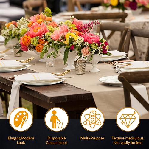 Miniatura 10 de Roshtia Paquete de 50 servilletas desechables de lino con bolsillo integrado para cubiertos con ribete dorado, papel preplegado para bodas (blanco,