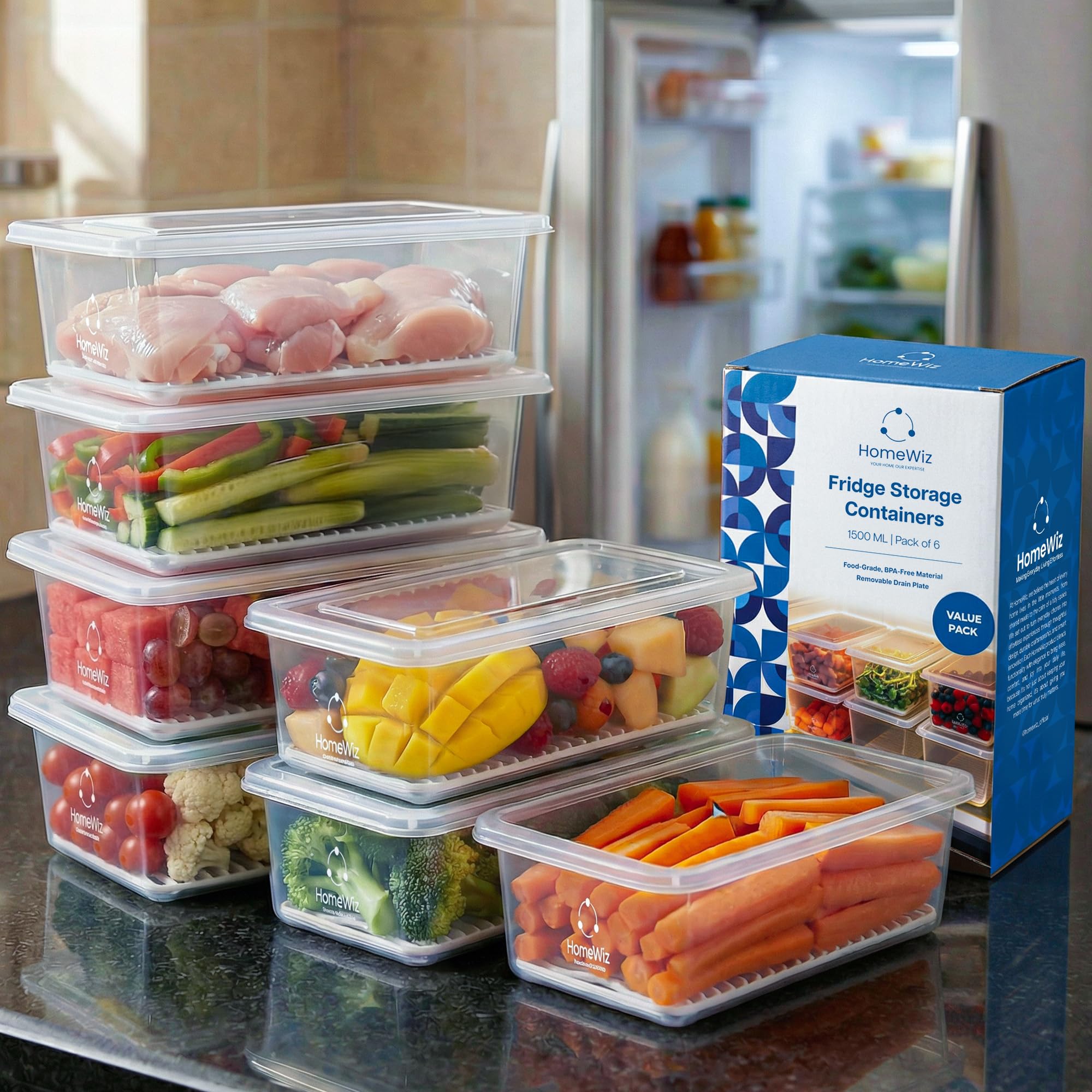 HomeWiz Fridge Storage Containers (Pack of 6) 1500ML Each | With Lids & Removable Drain Plate | Stackable Fridge Organizer for Fruits & Vegetables | Storage Box, Kitchen Accessories Items