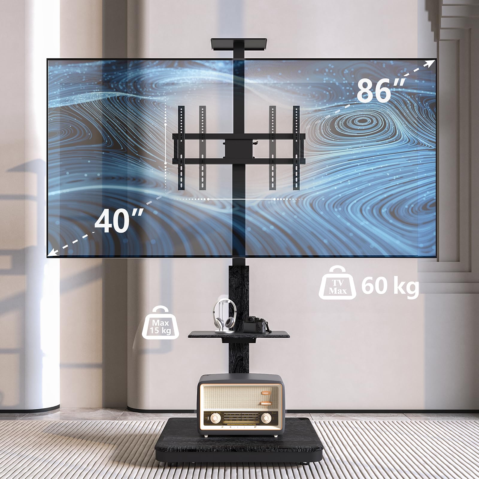 Elite mobiler, elektrischer TV Ständer für 40-86 Zoll und max. 60 kg, motorisierter TV Lift mit stufenloser Höheneinstellung via Fernbedienung, max. VESA 600x400, mit Ablagen und Steckerleiste